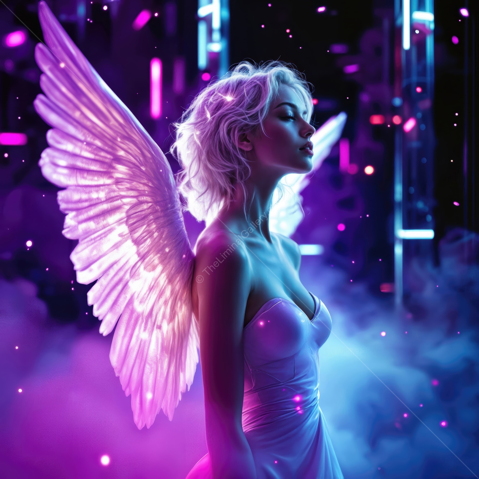 Ethereal angel with glowing wings surrounded by vibrant neon lights in a mystical atmosphere