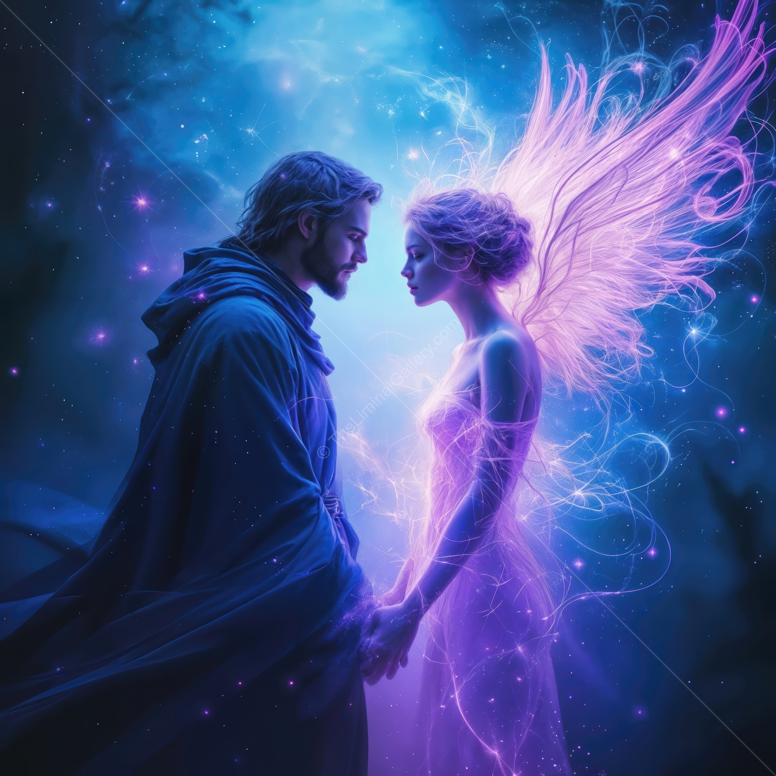 Enchanted moment shared between a angel and a hero in a mystical realm at twilight