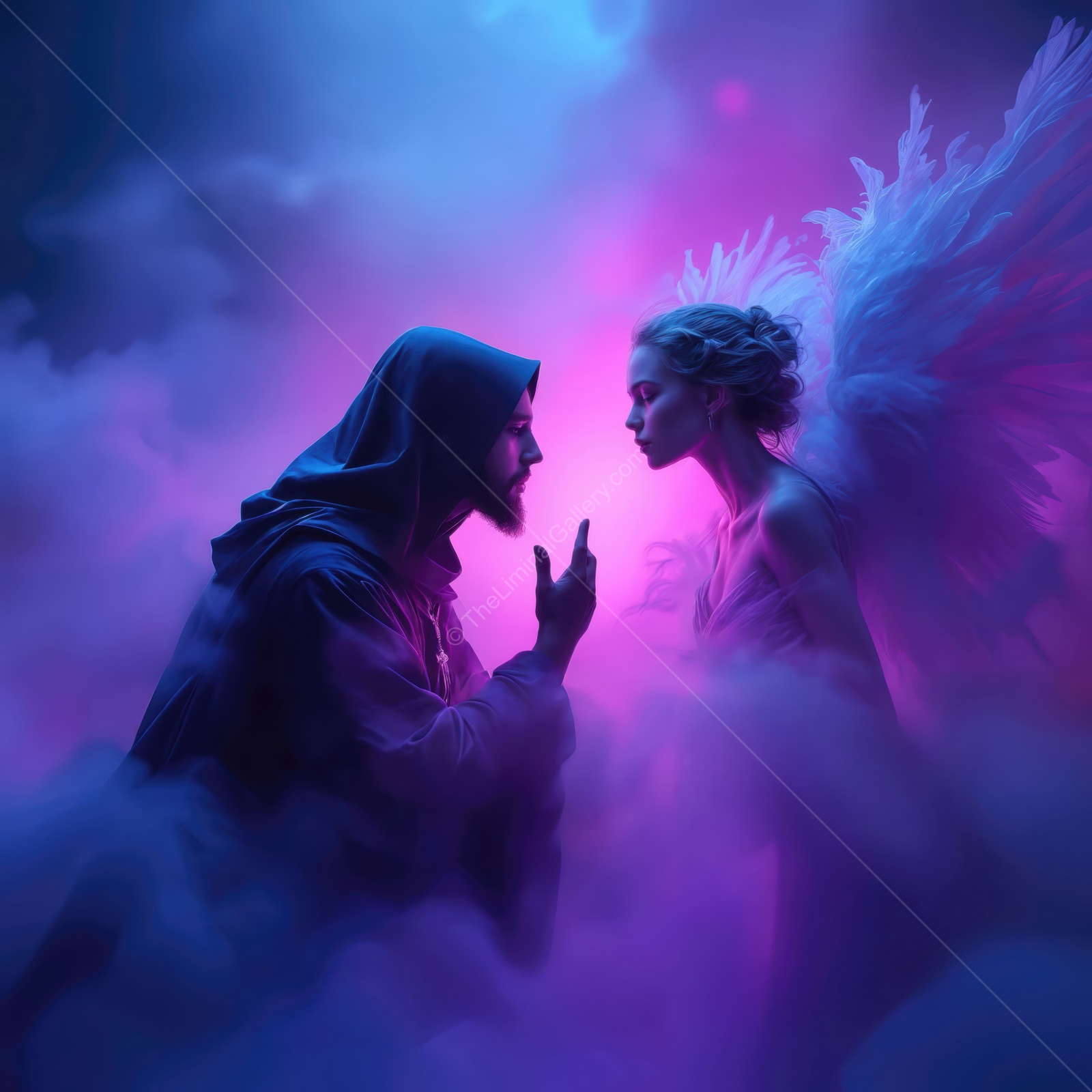 Mystical encounter between a hooded figure and an ethereal angel in a cloud of vibrant colors