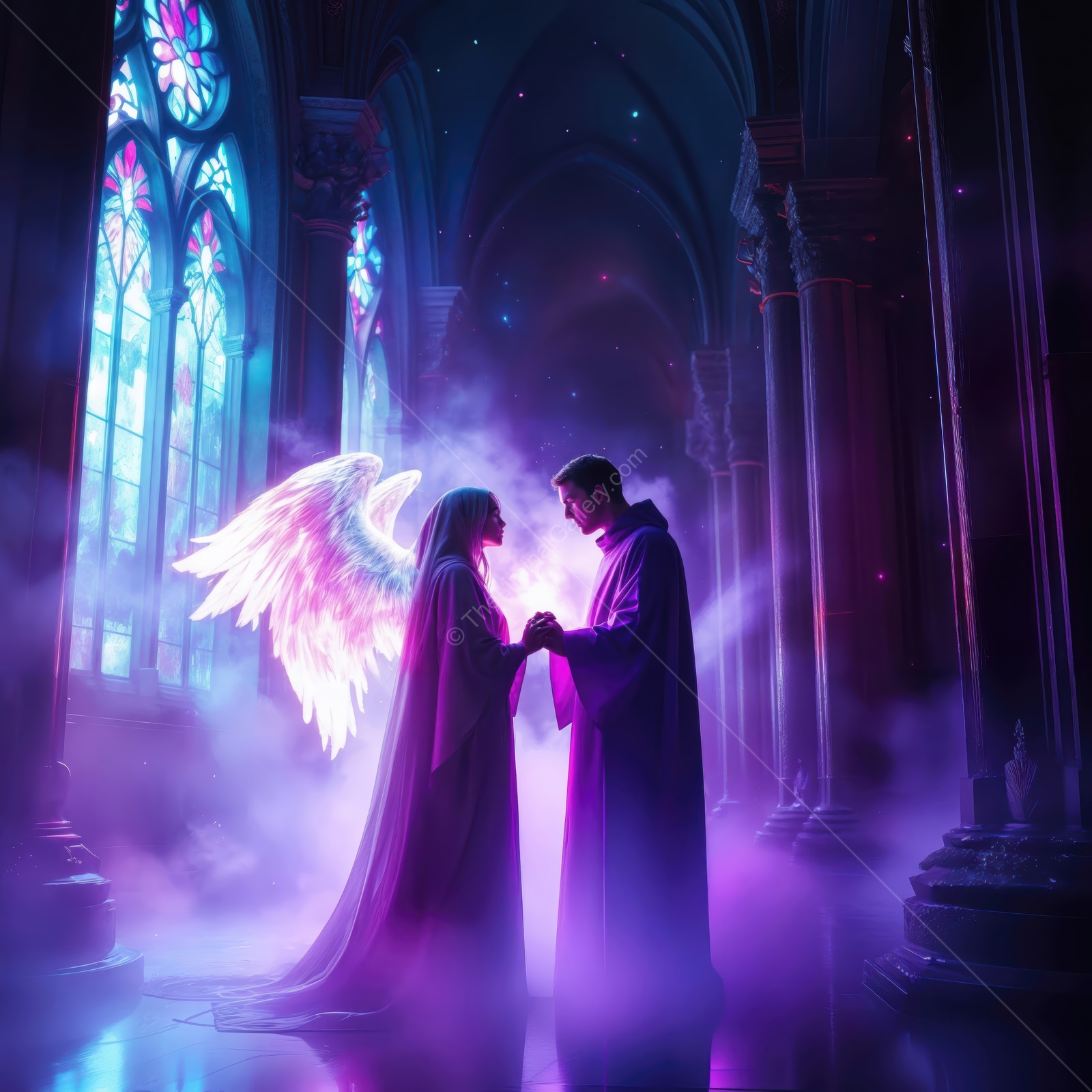 Magical encounter between angel and human in a mystical grand hall with colorful stained glass