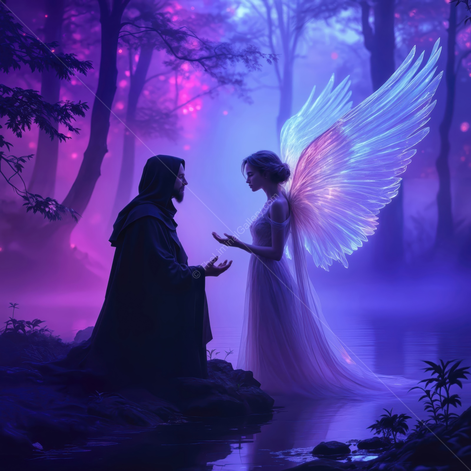 Mystical encounter between a cloaked figure and a luminous angel by a tranquil lake at twilight