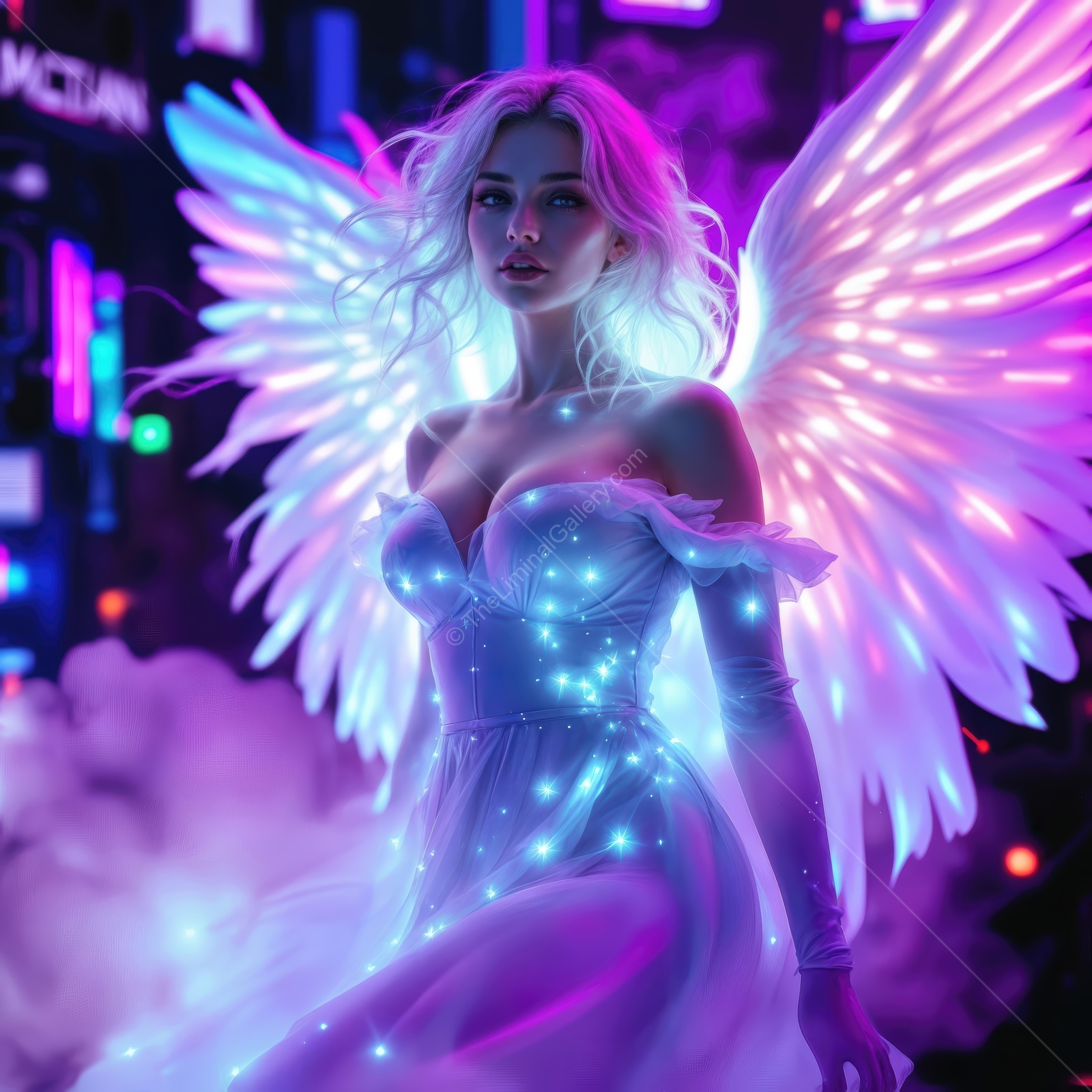 Stunning angel with glowing wings stands in a vibrant futuristic city at night