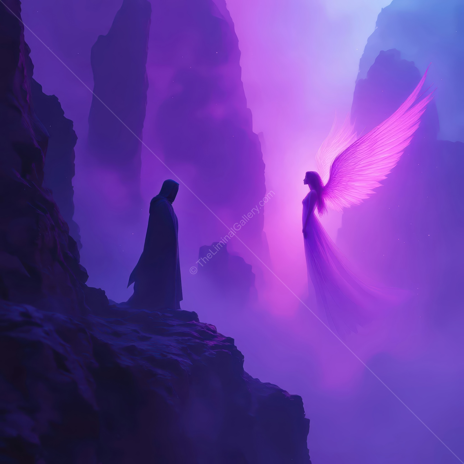 Ethereal encounter between a mysterious figure and a luminous angel in a surreal landscape