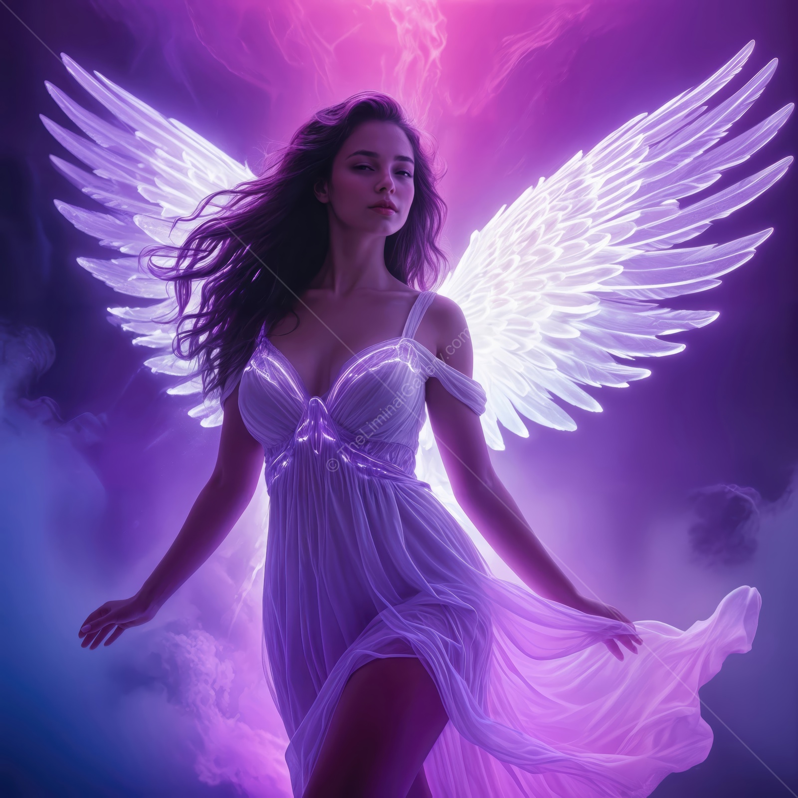 Enchanting angelic figure radiates ethereal light in a mystical atmosphere during twilight hours