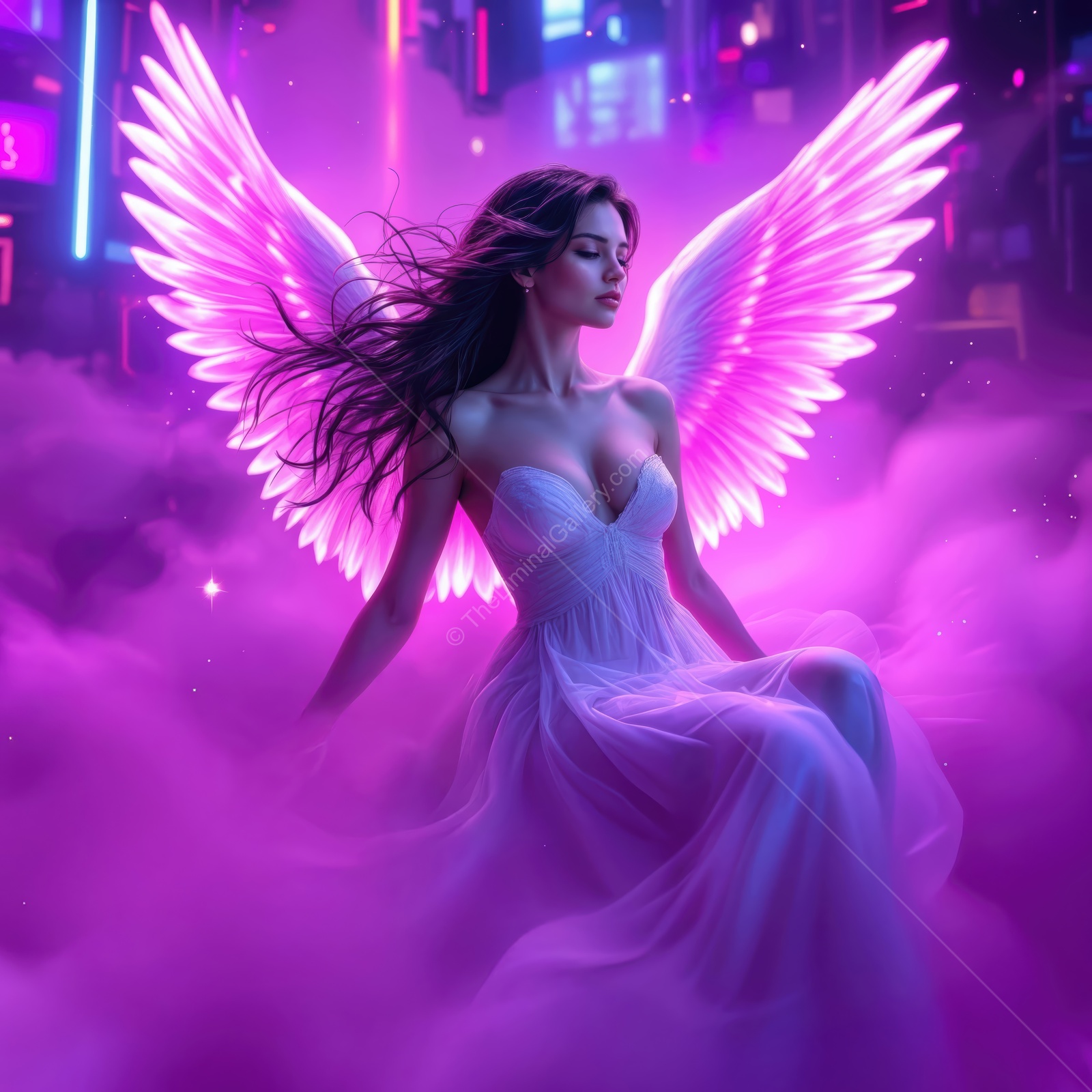 Ethereal figure with glowing wings surrounded by vibrant city lights in a mystical atmosphere at night
