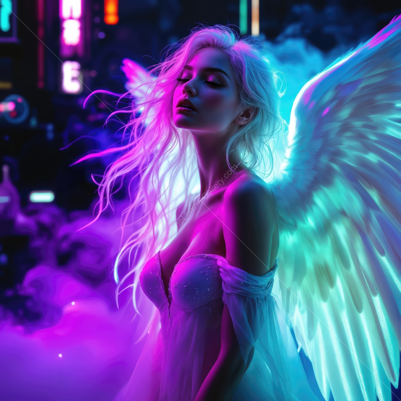 Enchanting angelic figure with luminous wings surrounded by vibrant neon lights and mist during a magical urban night scene