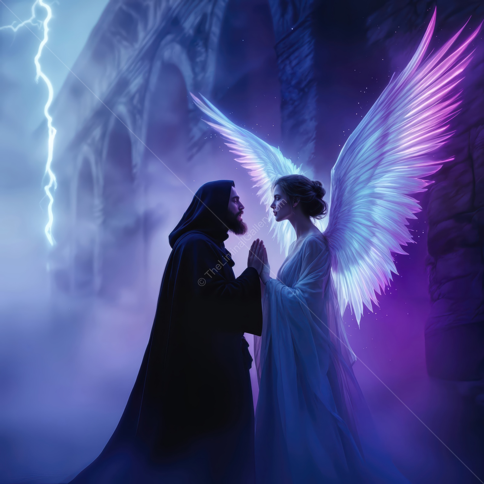 Spiritual encounter in a mystical ruin with angelic presence and a monastic figure