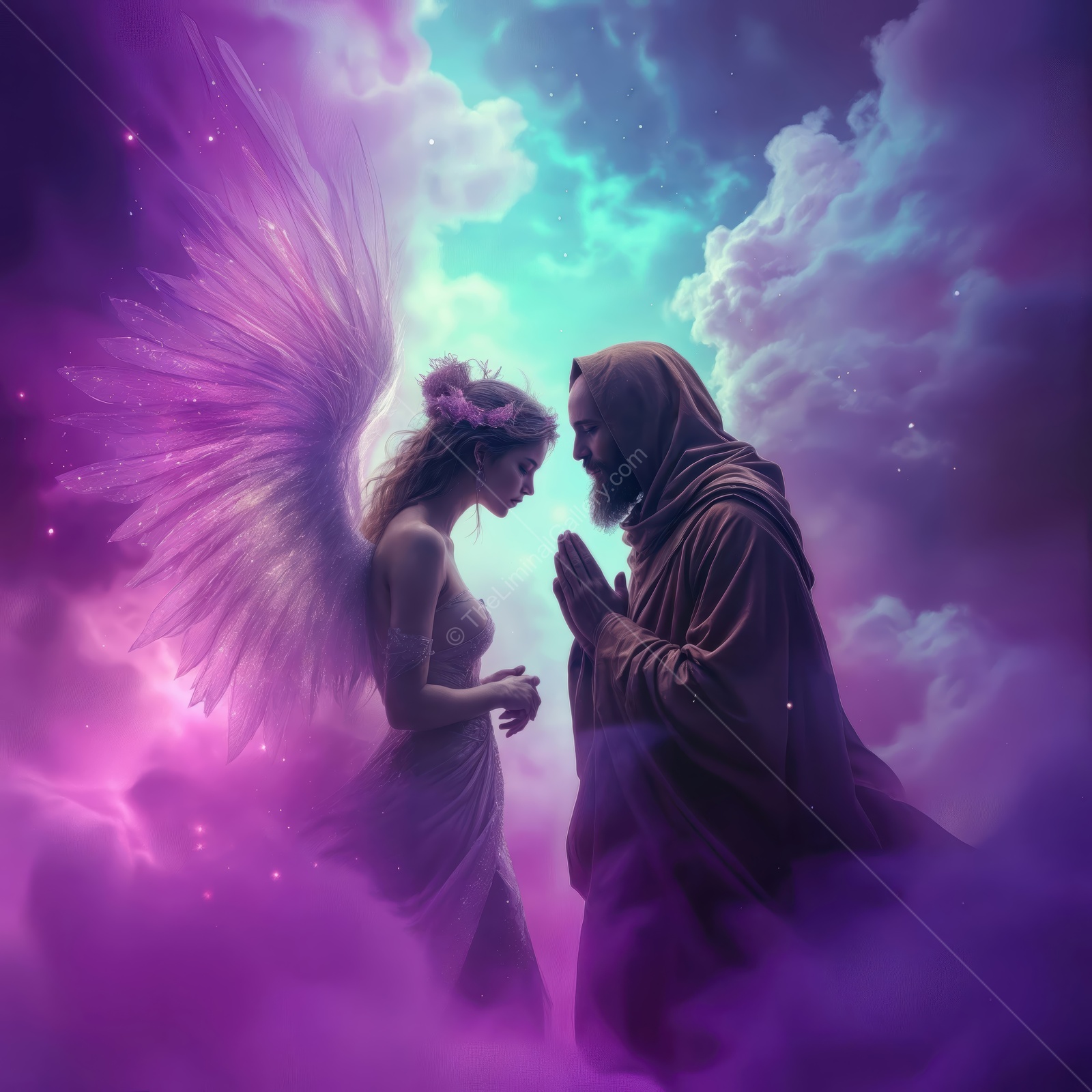Spiritual connection between an angel and a monk in a mystical realm filled with vibrant colors and ethereal clouds