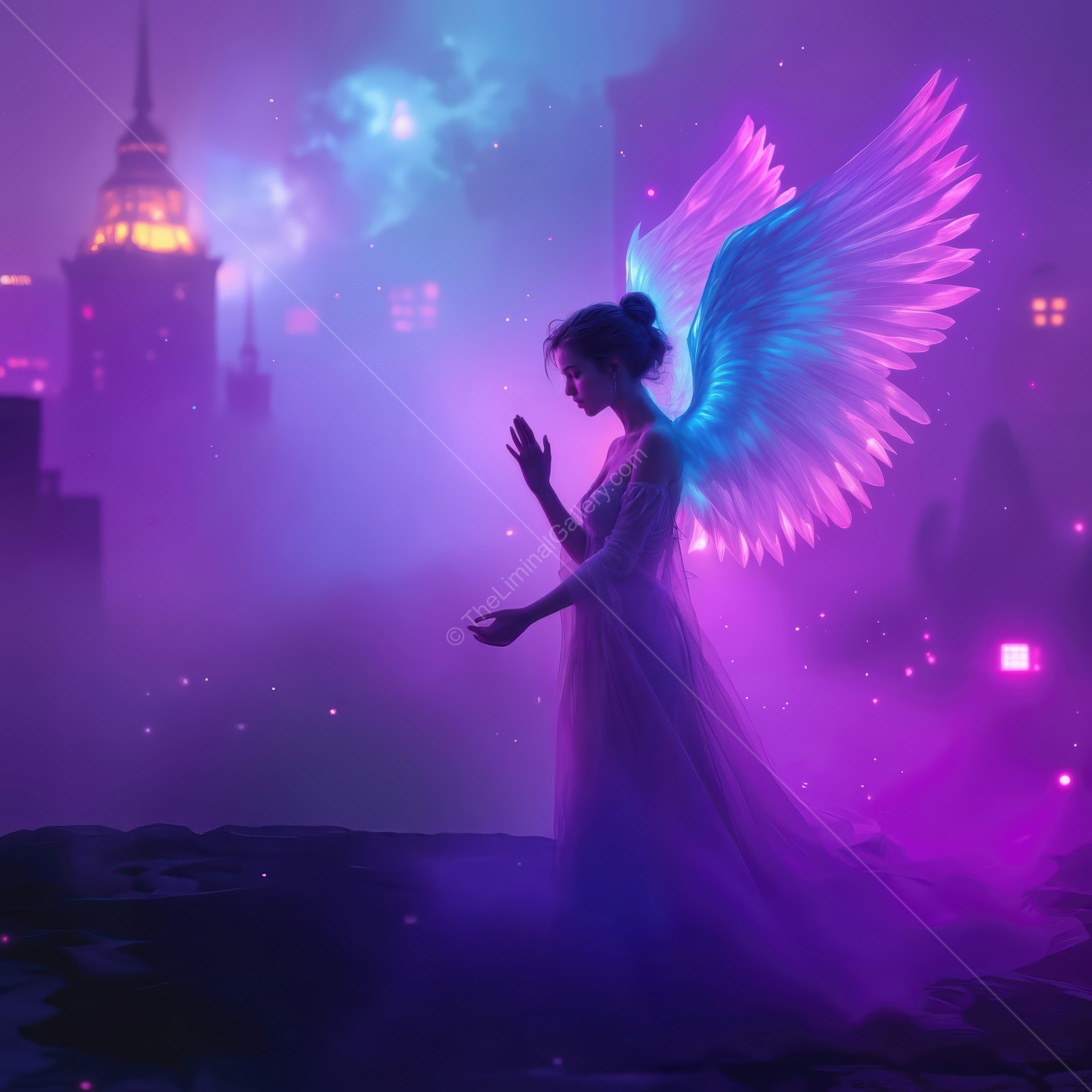 Enchanting angelic figure amidst a mystical cityscape glowing in shades of purple and blue at twilight