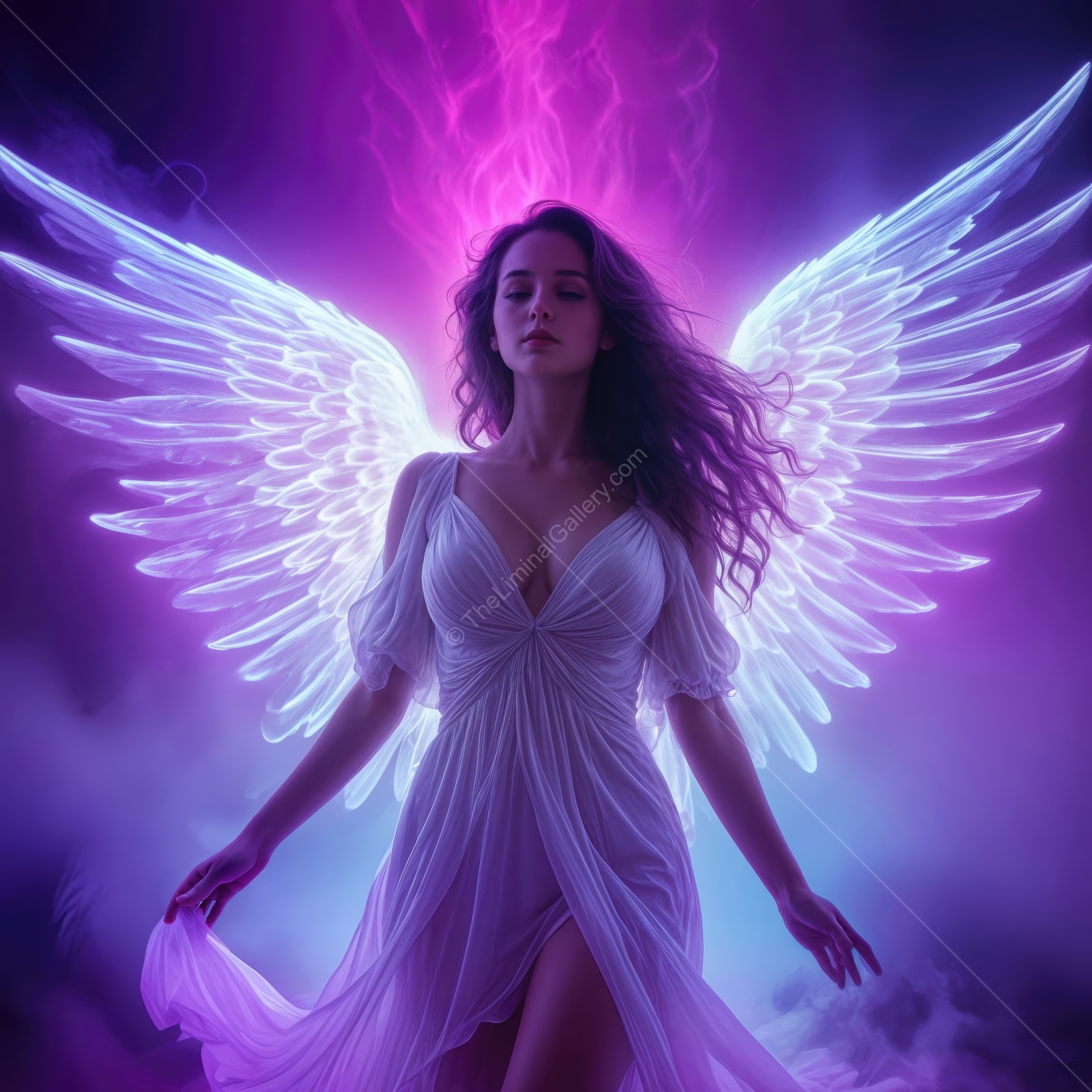 Mystical angelic figure surrounded by vibrant light in an ethereal setting