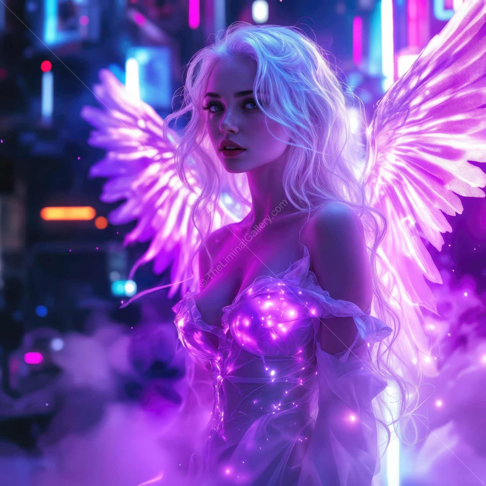 Magical angel in a neon-lit city, surrounded by glowing butterflies and enchanting lights