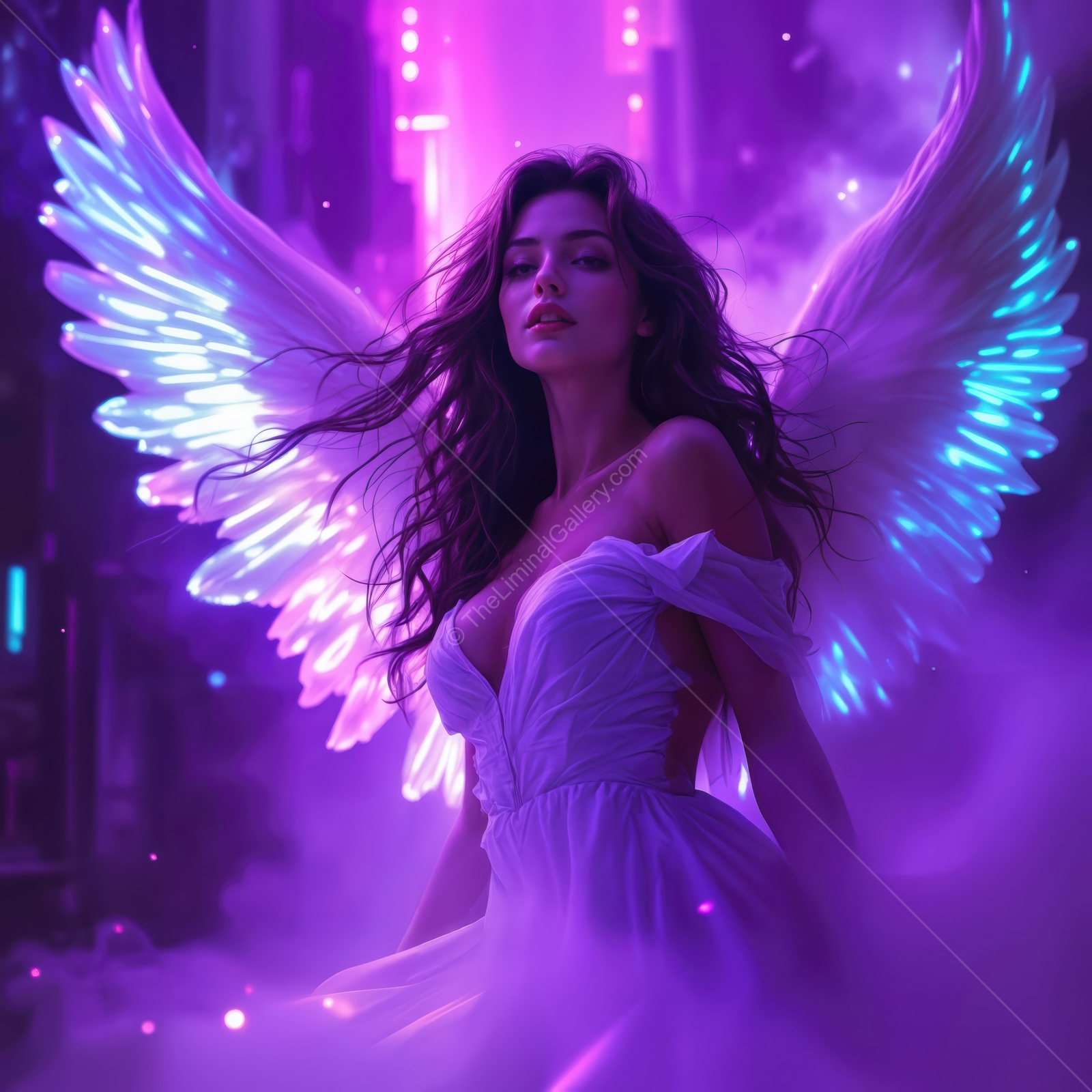 Enchanting angelic figure with luminous wings in a vibrant neon cityscape at night