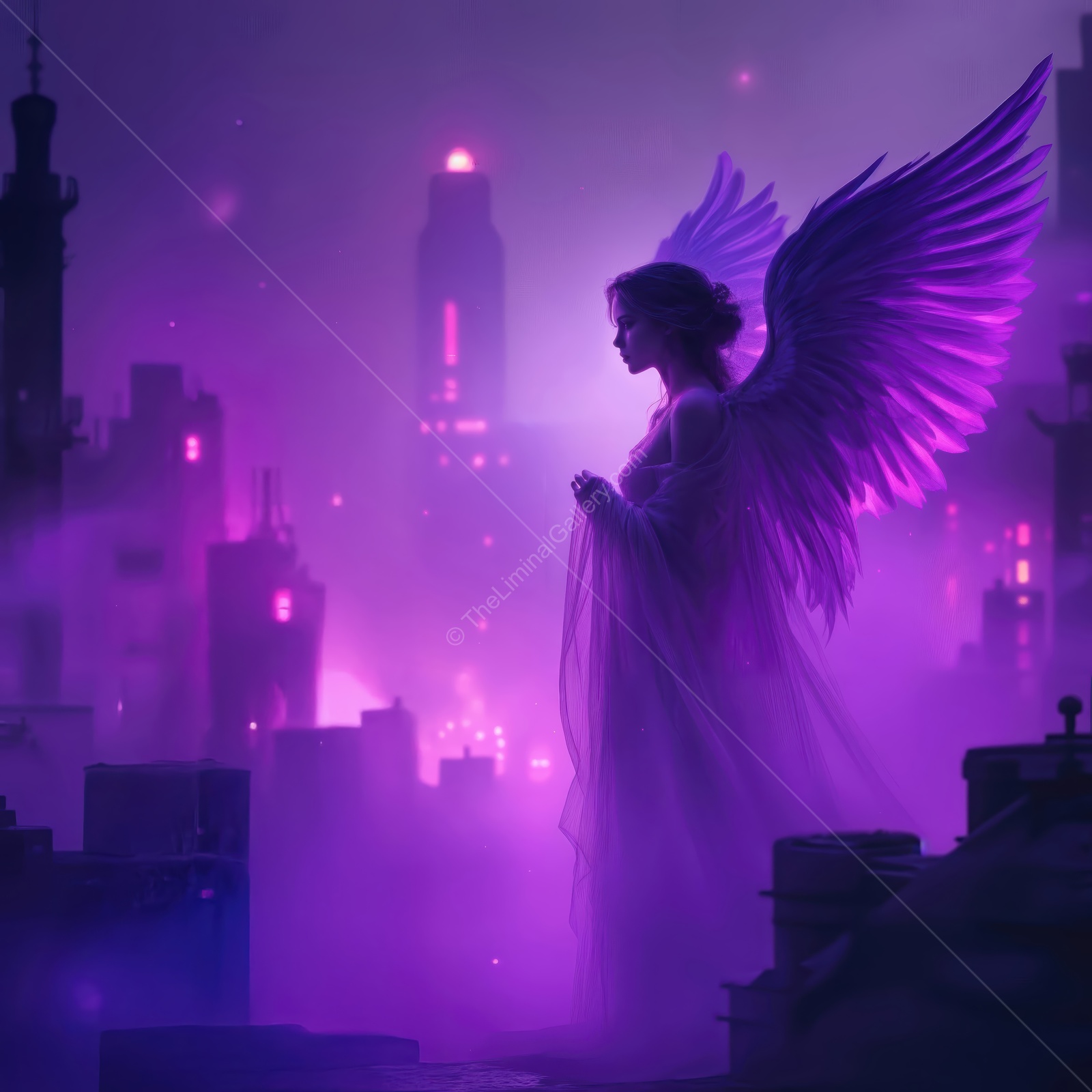 Enigmatic angel stands amidst a neon cityscape under a purple twilight sky