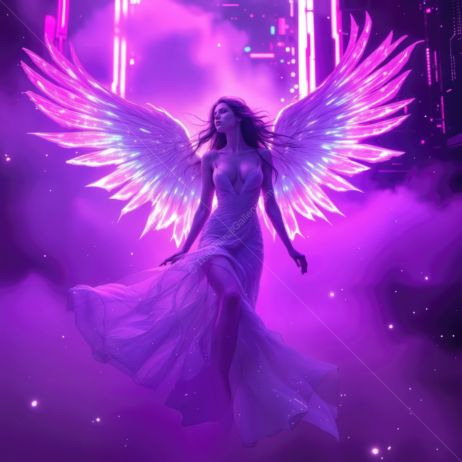 Mystical angel gliding through a neon-lit dreamscape surrounded by ethereal clouds