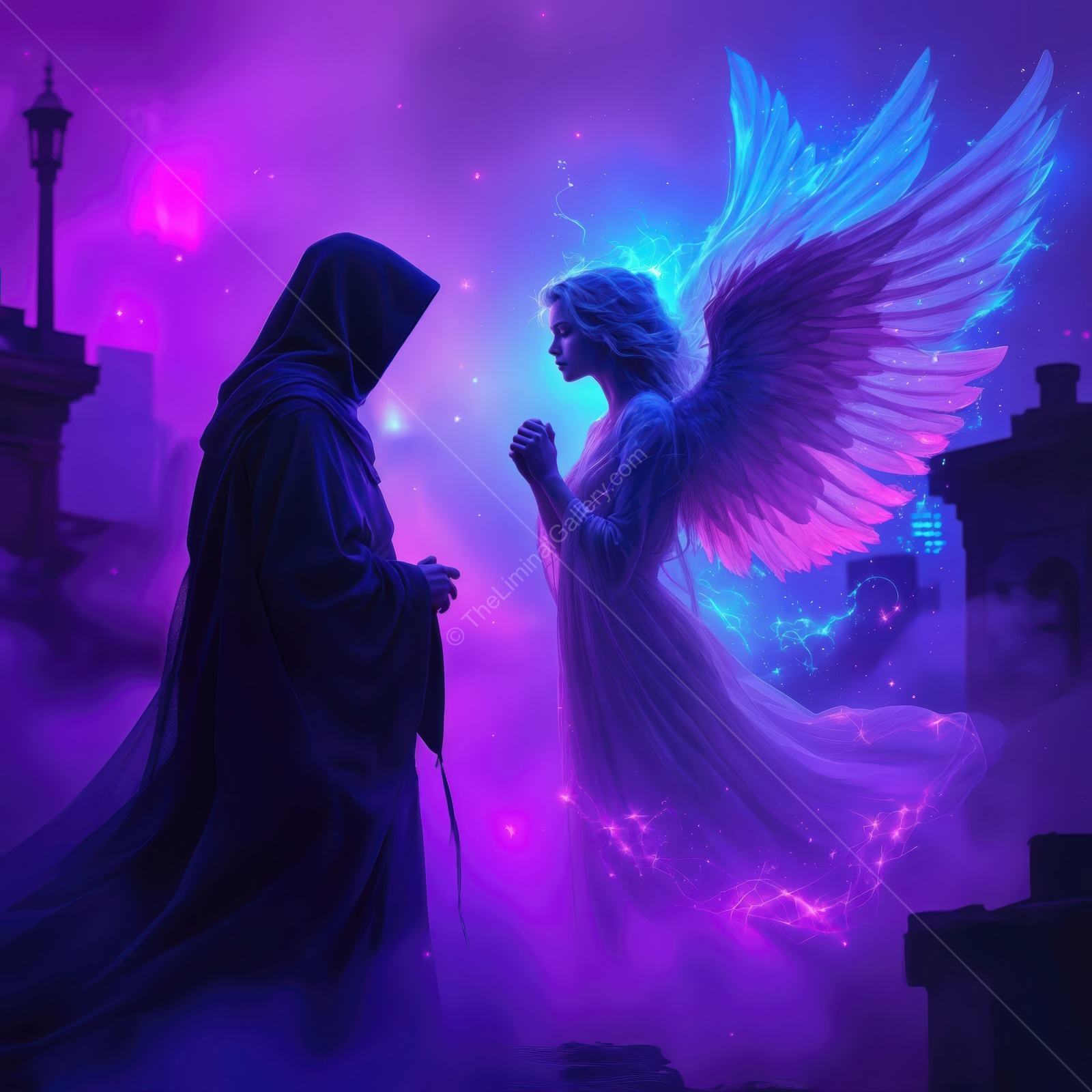 Encounter between light and shadow in a mystical realm bathed in vibrant colors