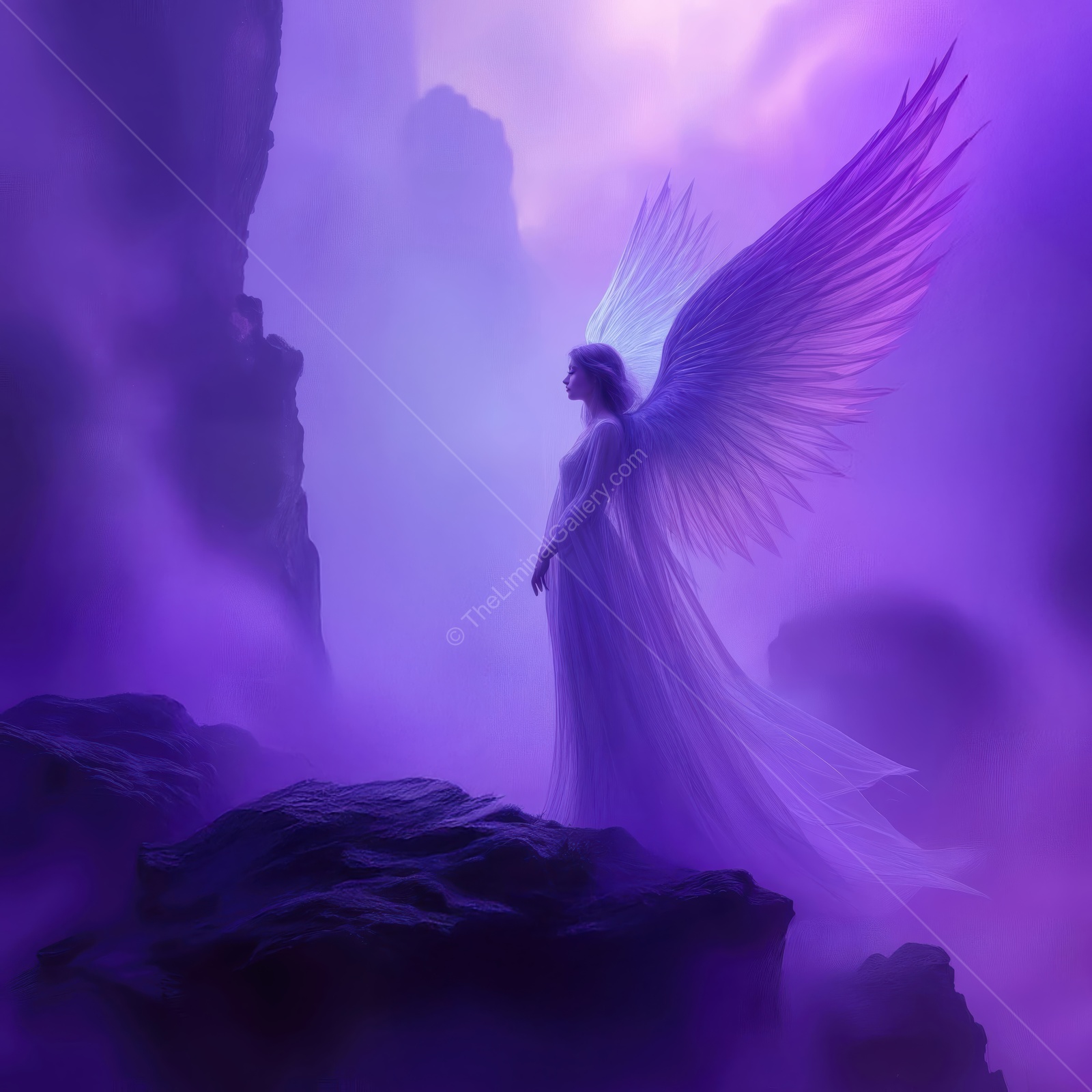 Mystical angel stands gracefully against a backdrop of purple mist in a serene landscape at twilight