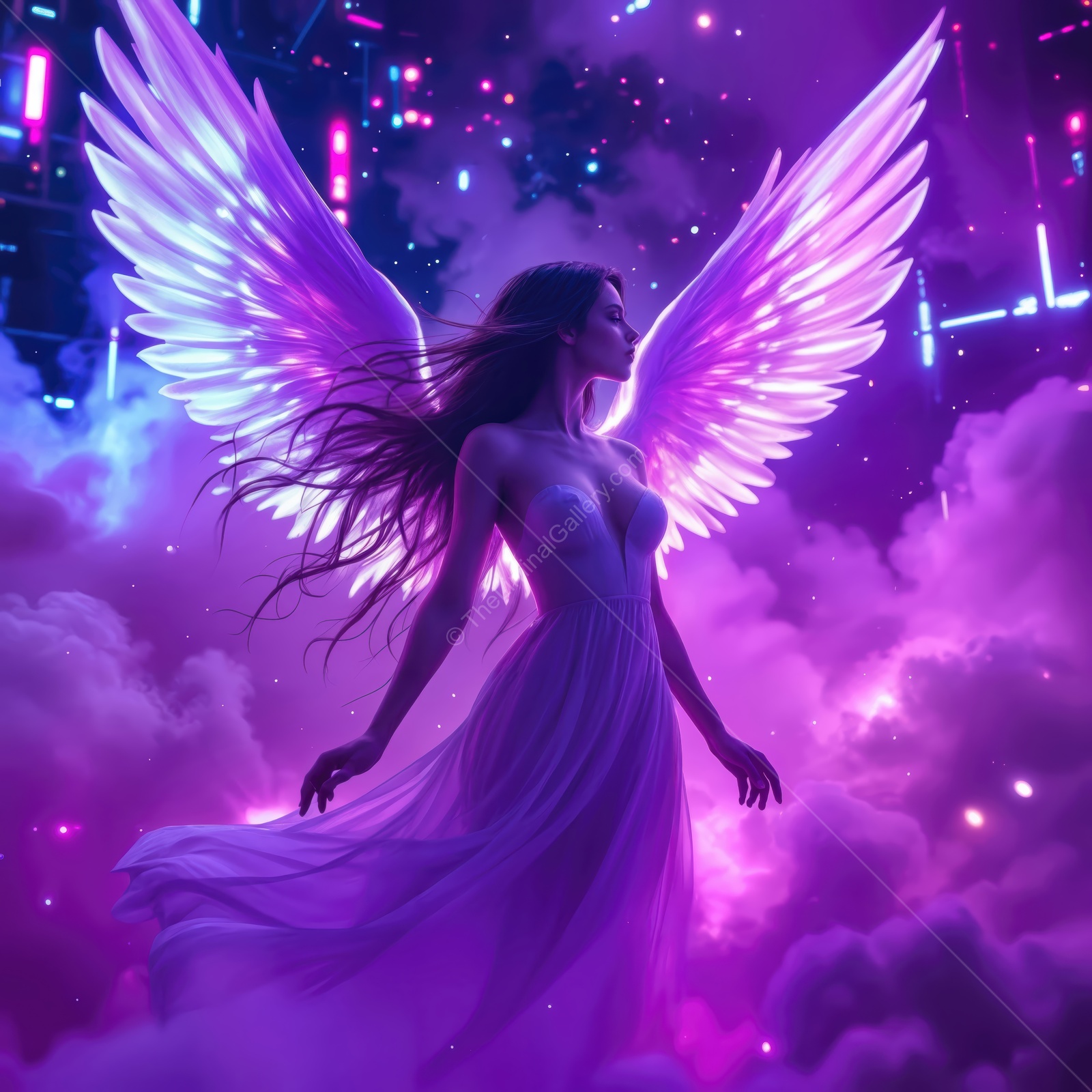 Majestic angelic figure with luminous wings stands gracefully among colorful clouds at twilight