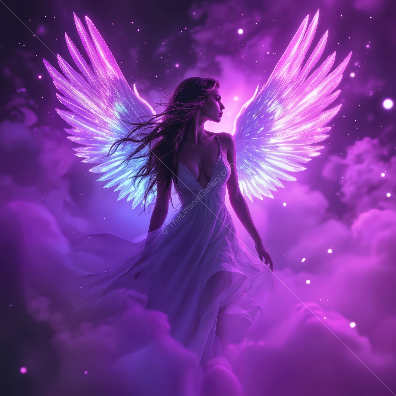 Enchanting angelic figure gliding through mystical clouds with radiant wings illuminated in colorful hues