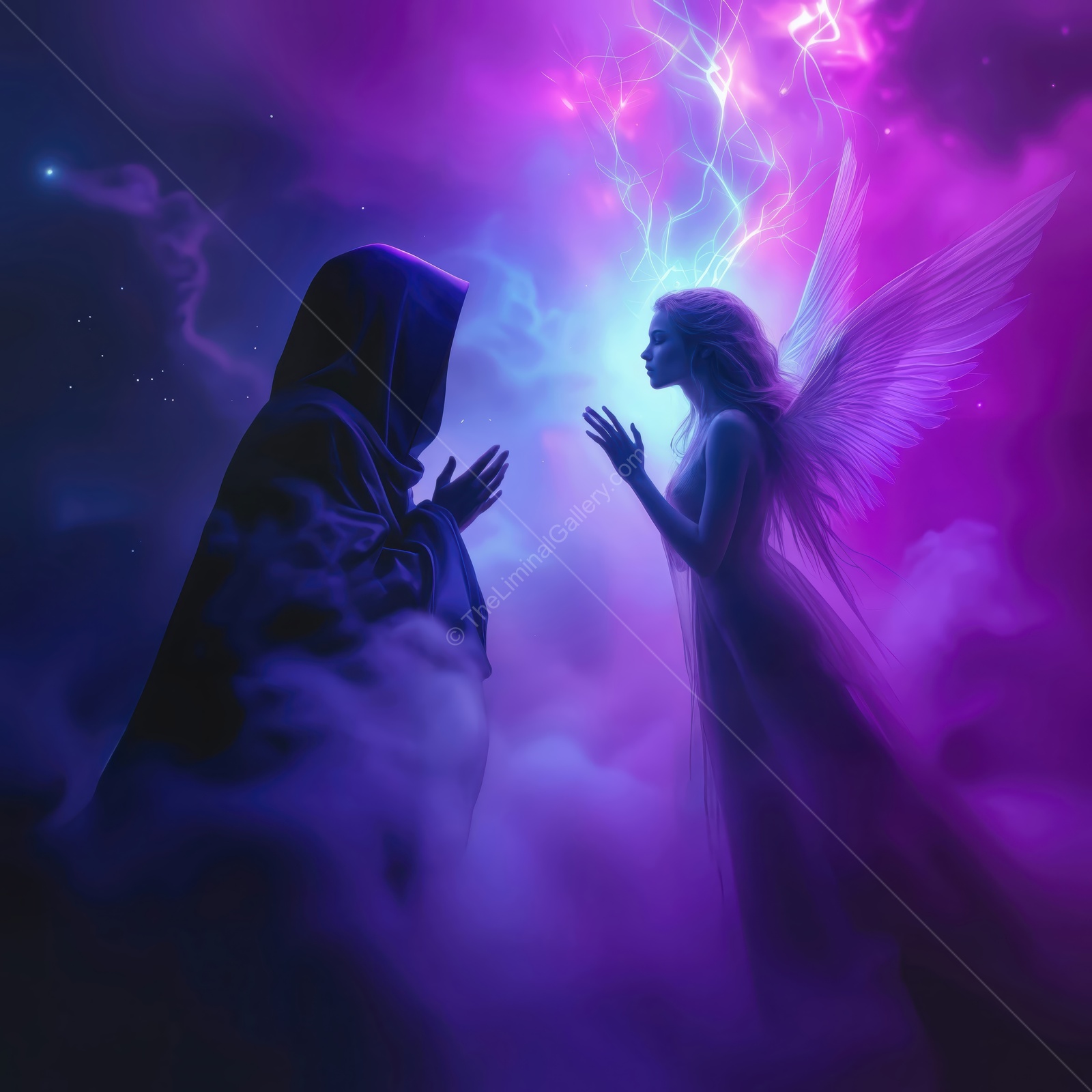 Encounter between light and darkness, a mystical meeting in a cosmic realm during twilight hours