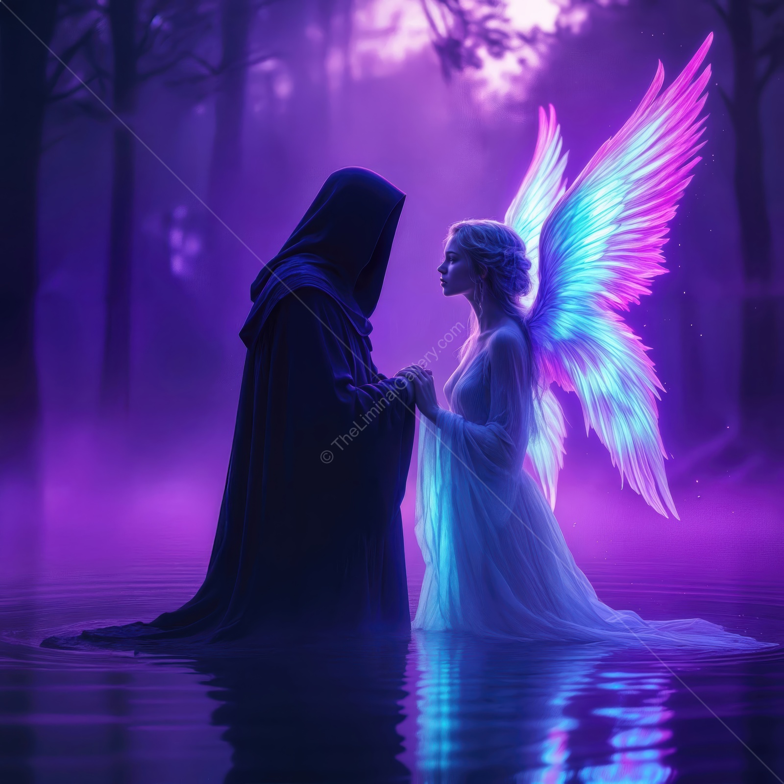 Mystical encounter between angel and shadow in a tranquil forest at twilight