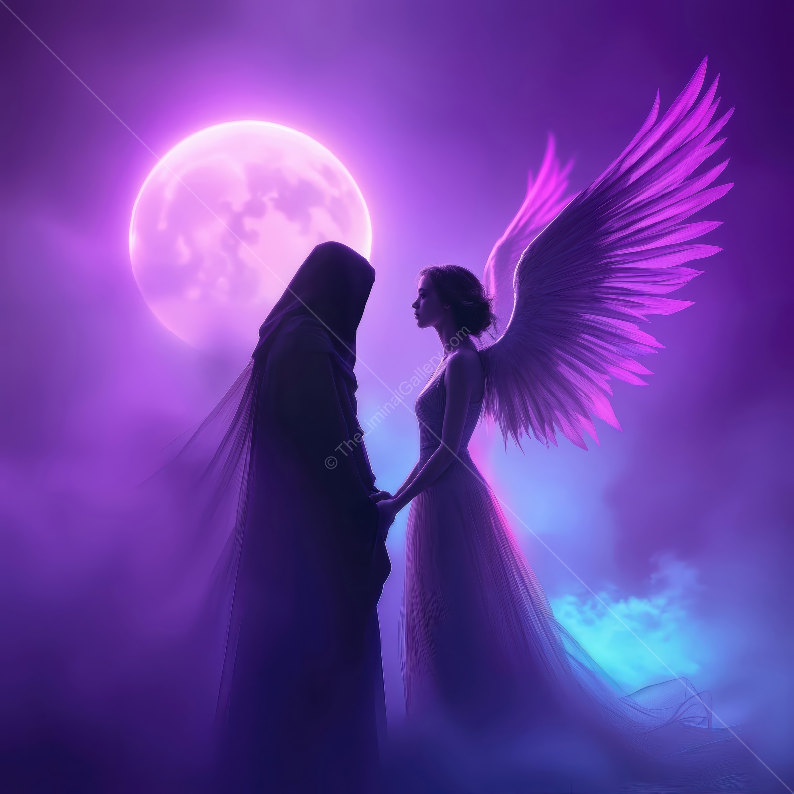 Mystical encounter between angel and shadow under a glowing full moon at twilight