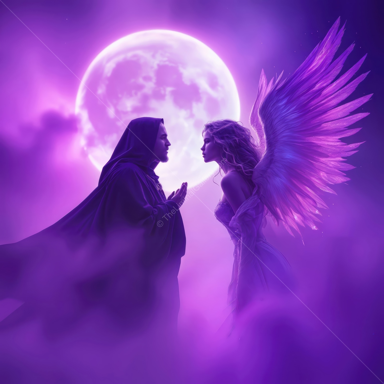 Encounter between light and shadow under the full moon in a mystical realm