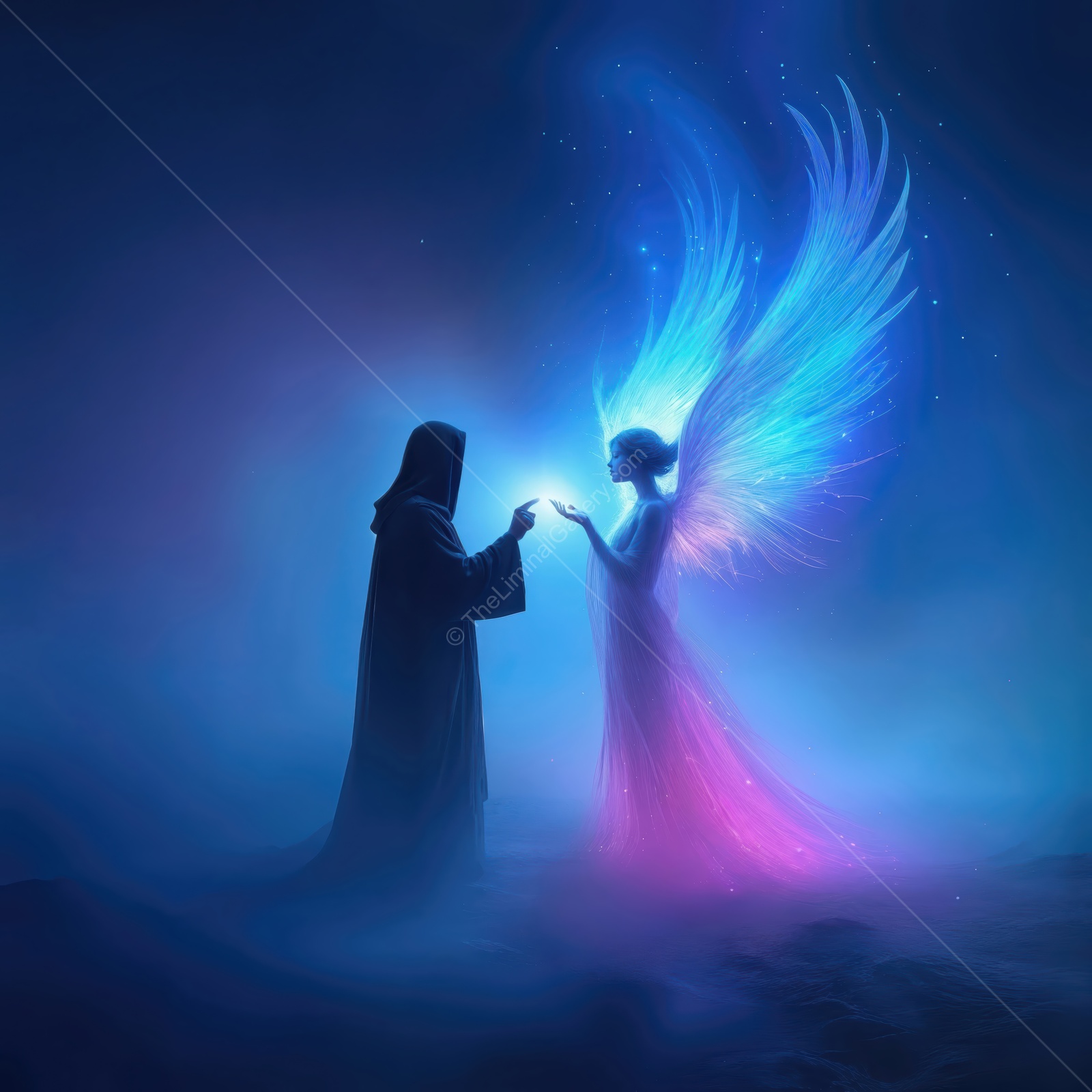 Mysterious encounter between a shadowy figure and a radiant angel in a dreamlike landscape