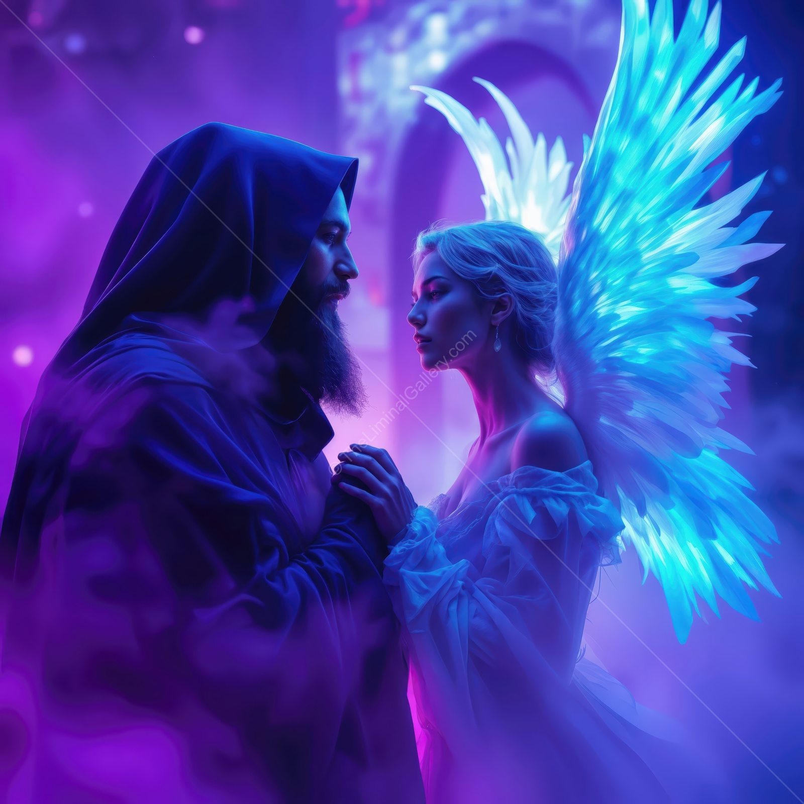 Encounter between a mystical figure and a luminous angel in a vibrant, ethereal setting at twilight
