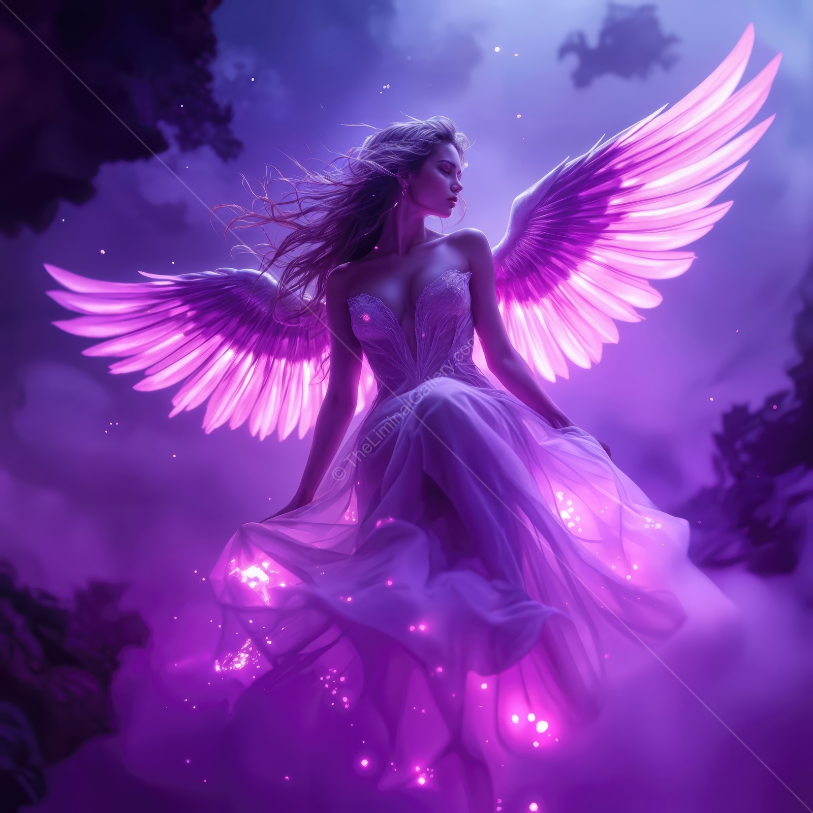 Ethereal angel in a mystical dreamscape with shimmering purple wings at twilight