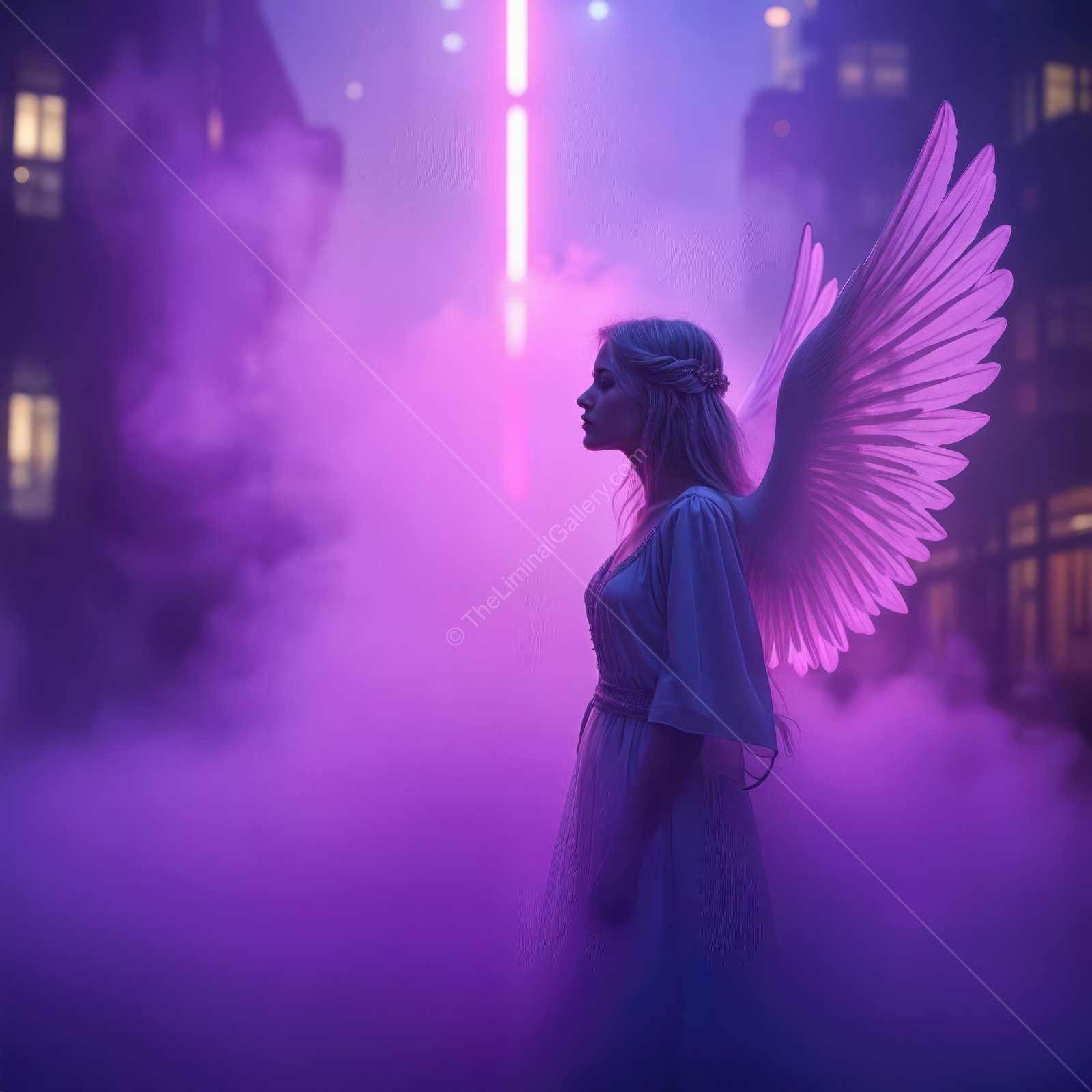 Ethereal angel silhouette surrounded by vibrant fog and neon lights in a mystical urban setting