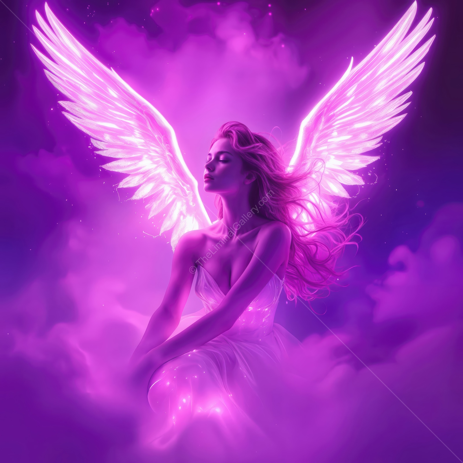 Elegant angelic figure surrounded by vibrant pink and purple clouds at twilight, capturing a serene moment of beauty and grace