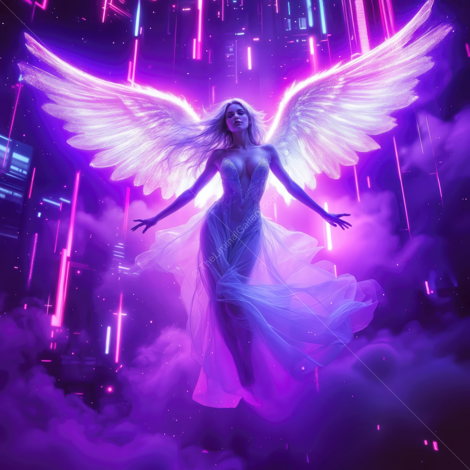 Majestic figure with glowing wings soars through a vibrant futuristic cityscape at twilight