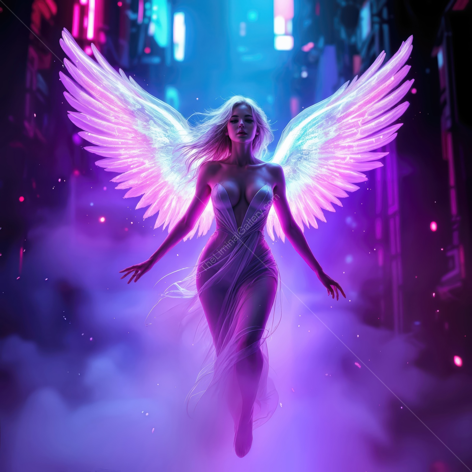 Ethereal angel soaring through a neon-lit cityscape at night amidst glowing mist and vibrant colors