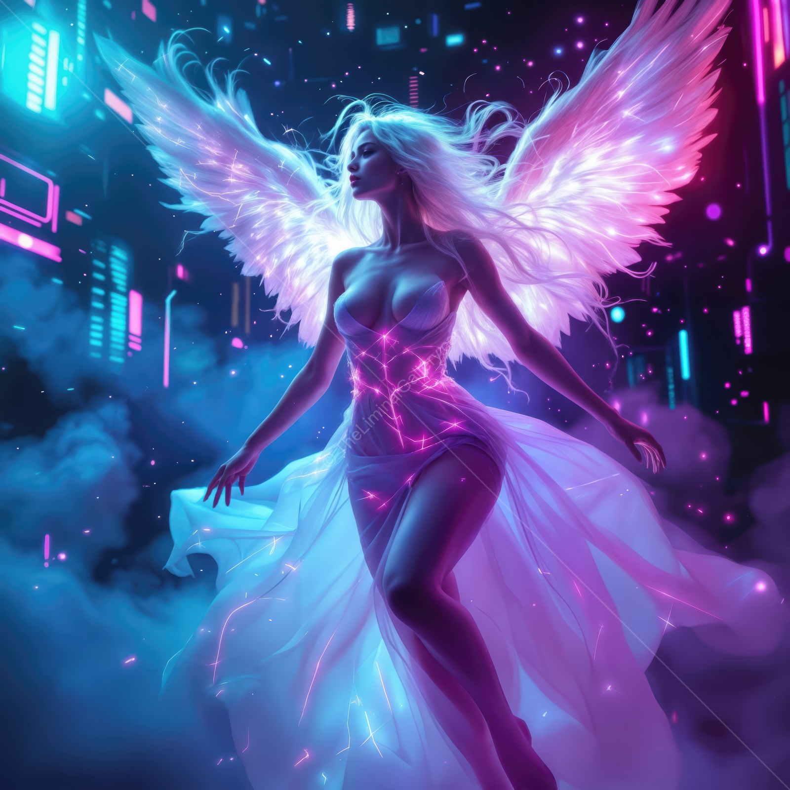 Ethereal angelic figure soaring through a neon-lit digital realm filled with vibrant energy and cosmic beauty