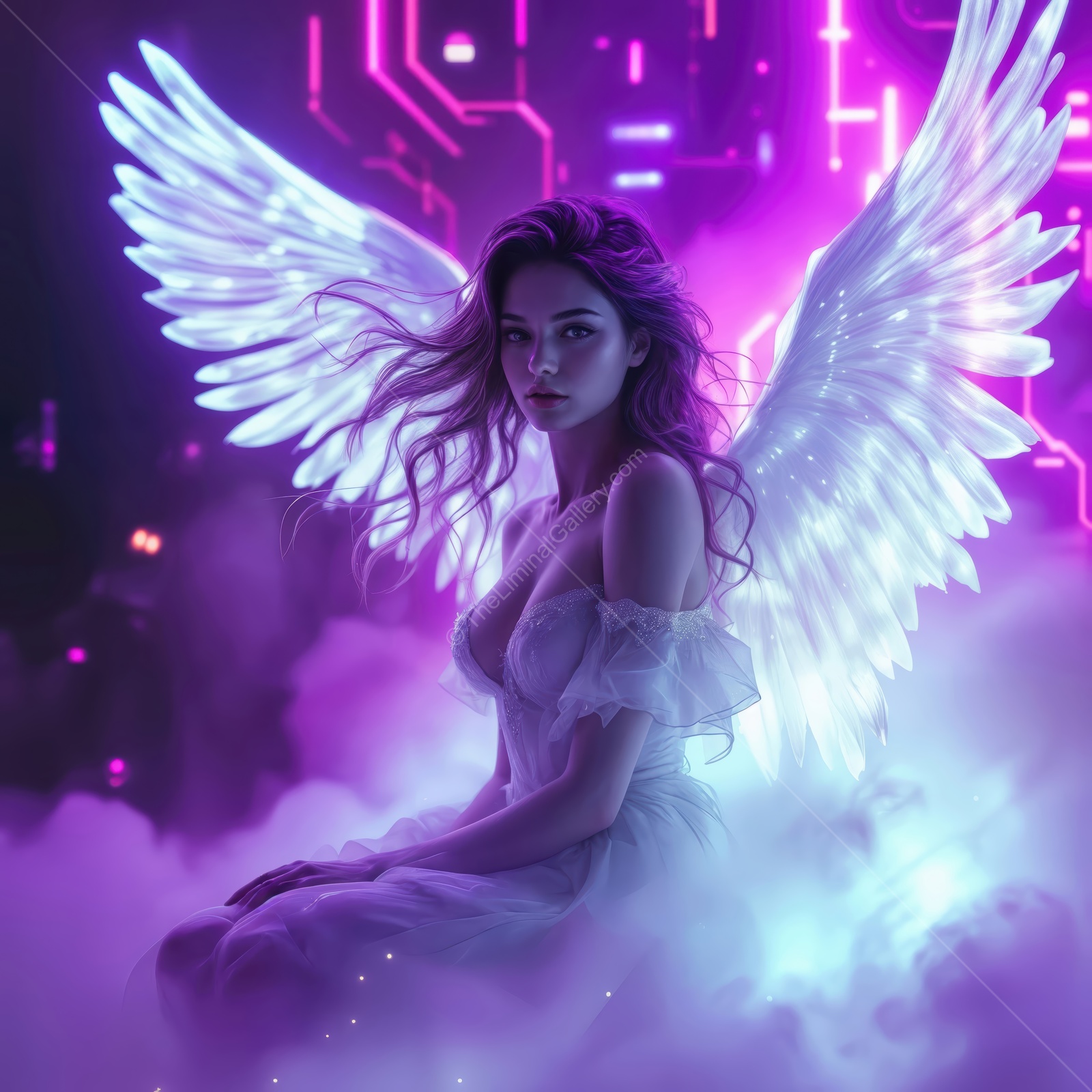 Soft light surrounds a serene angelic figure with glowing wings in a vibrant digital landscape at twilight