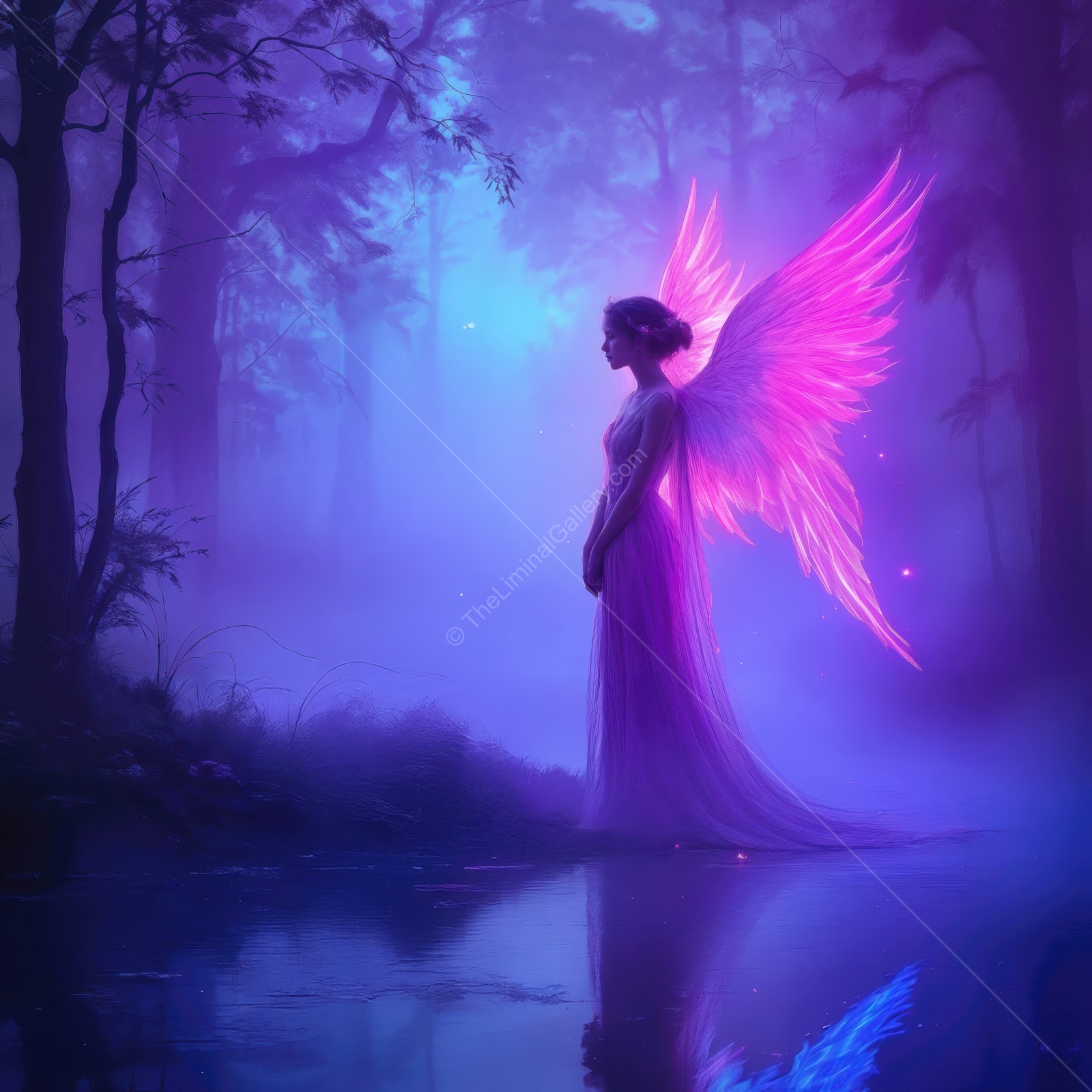 Enchanting angel stands silently by a tranquil lake under a mystical purple sky in a serene forest at twilight