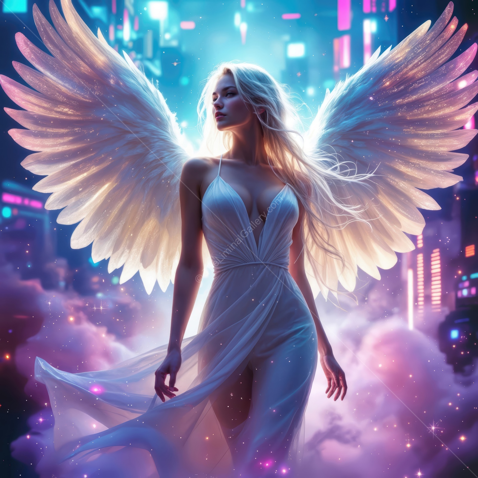 Mystical angelic figure glows in a futuristic cityscape, surrounded by enchanting lights and vivid colors