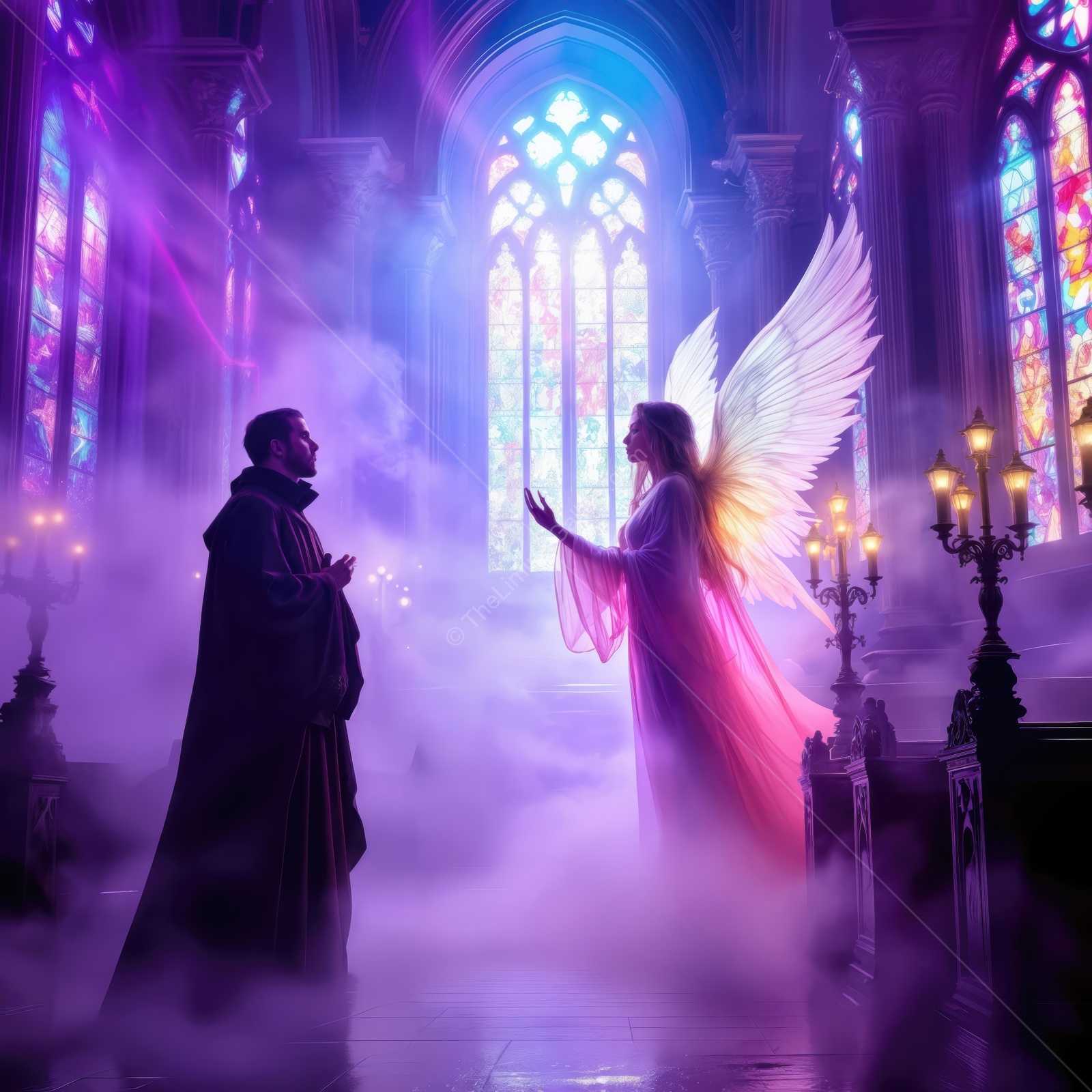Celestial encounter in a mystical cathedral filled with vibrant stained glass and soft, enchanting light