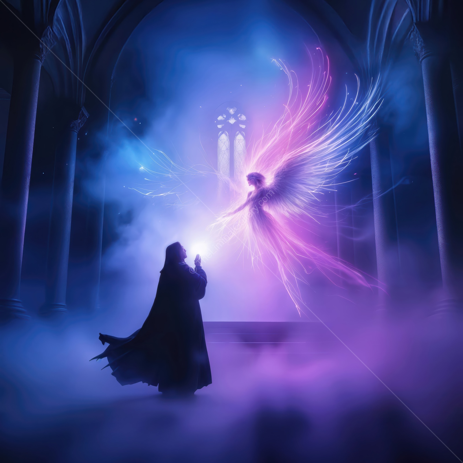 Enchanting encounter with a mystical being at twilight in an ancient cathedral