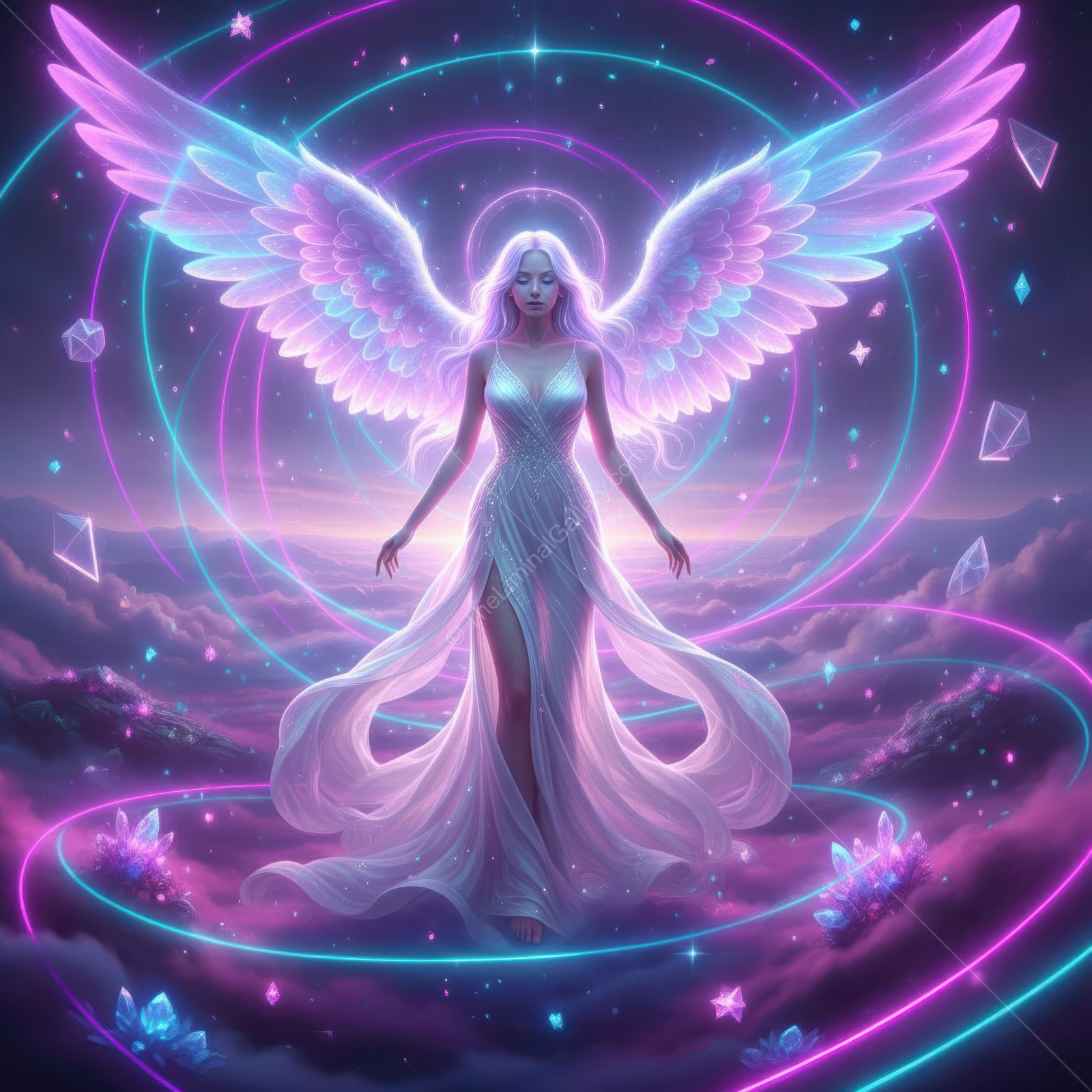 Ethereal angel with glowing wings descends among sparkling crystals in a vibrant cosmic landscape at twilight