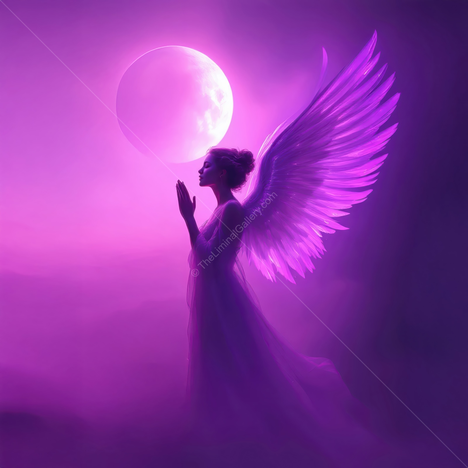 Celestial angel in a mystical landscape, embracing serenity beneath a glowing moon