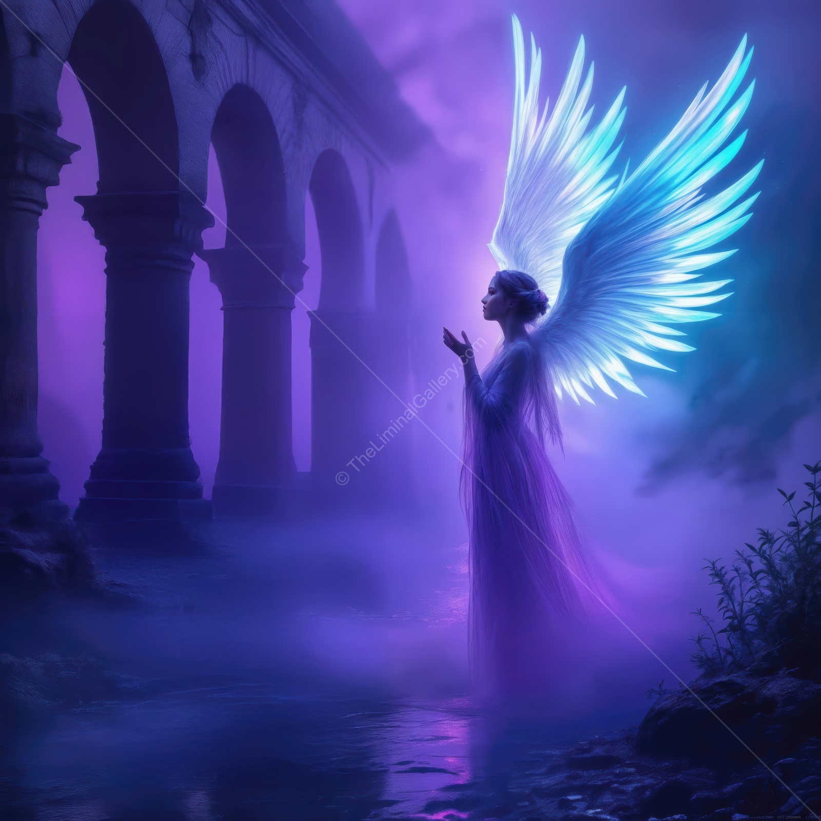 Celestial being stands amidst ancient ruins under a mystical purple sky
