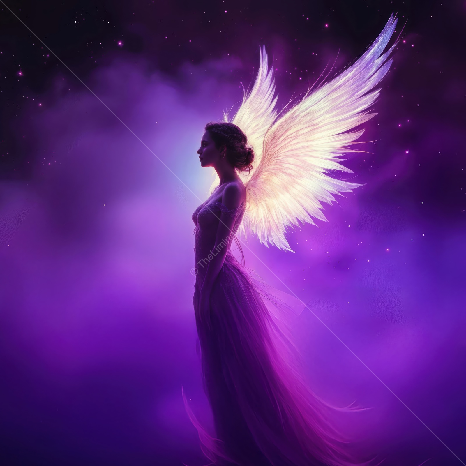 Celestial being adorned with luminous wings stands gracefully amidst swirling cosmic clouds in a dreamlike nocturnal setting