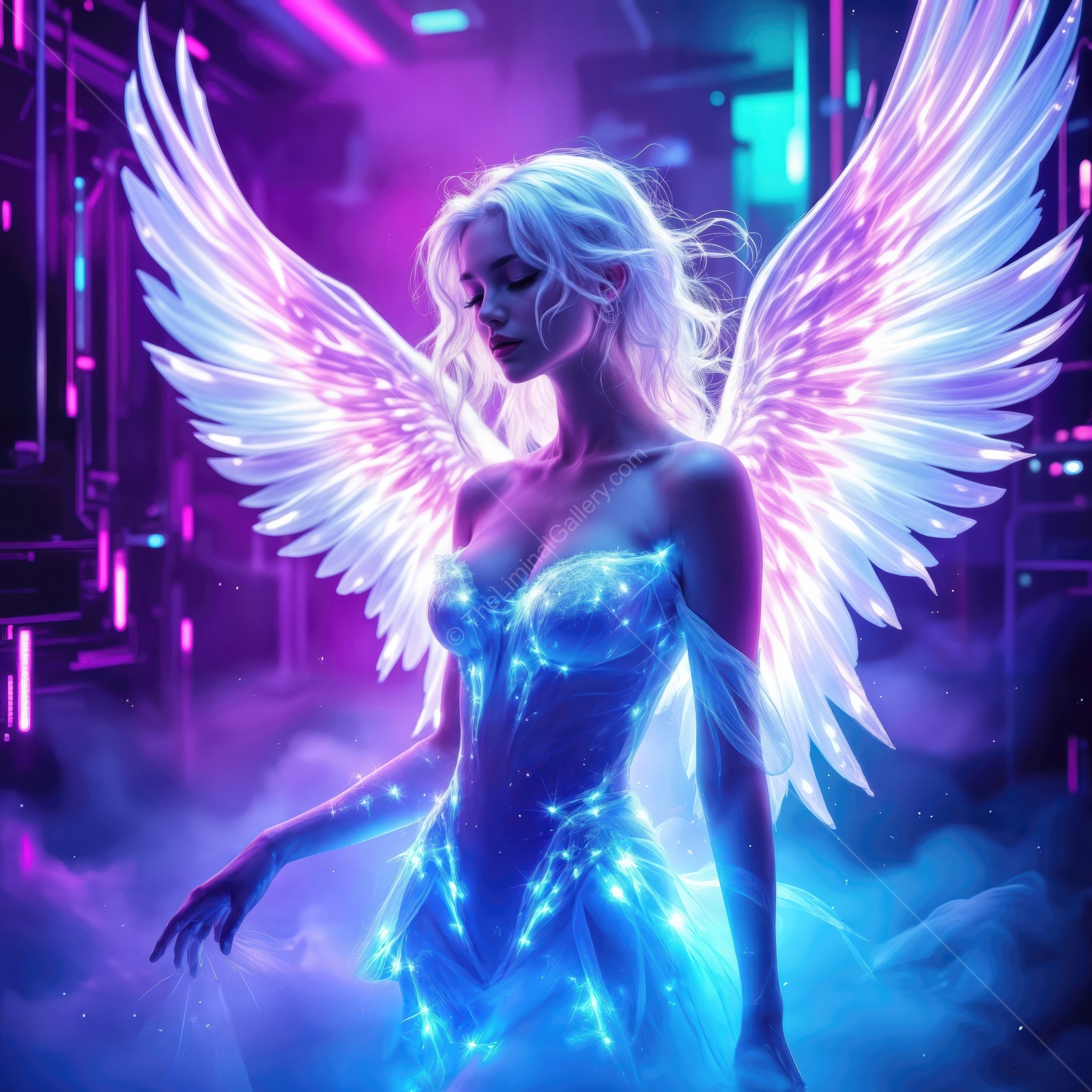 Celestial being gracefully illuminated in vibrant colors surrounded by an enchanting urban landscape at twilight