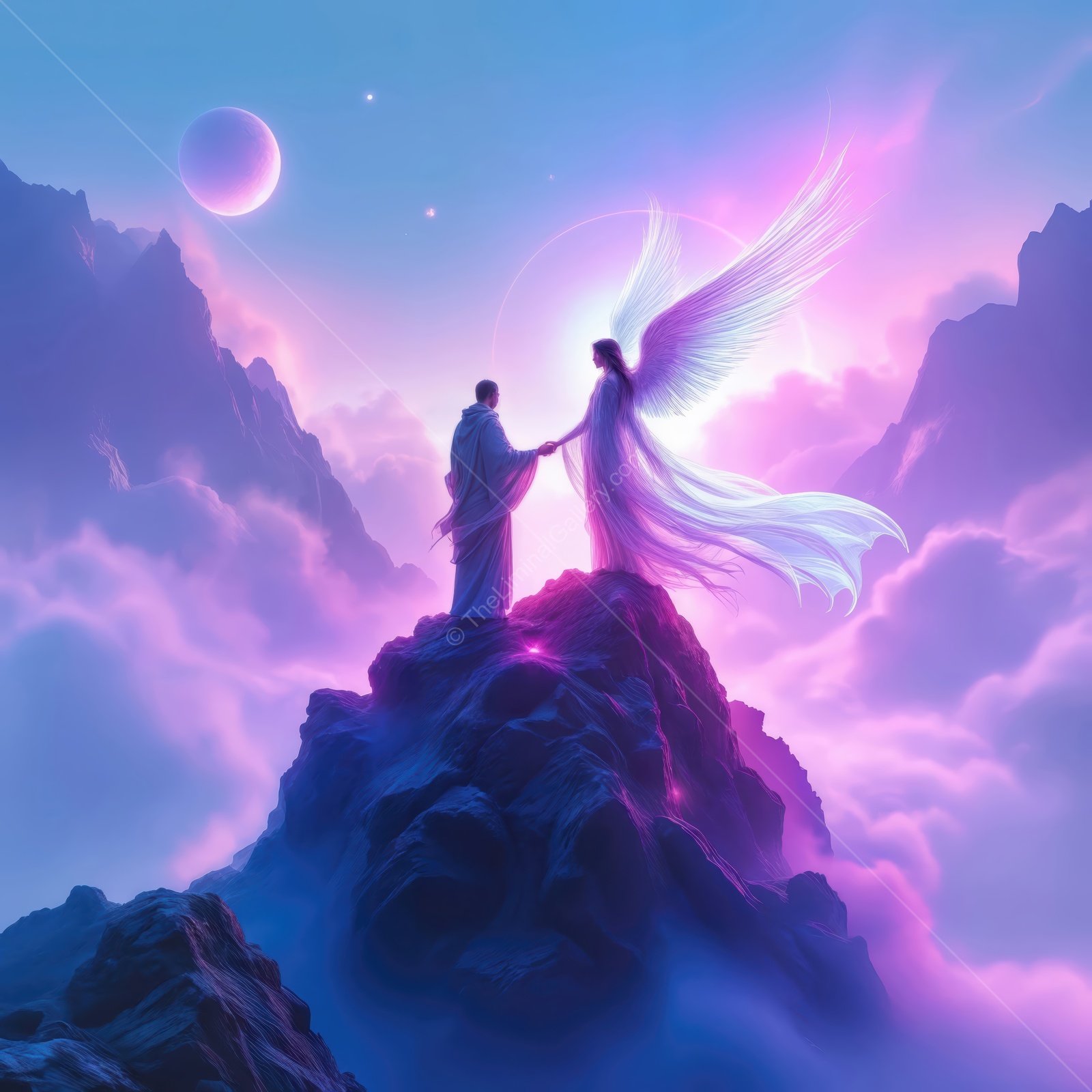 Mystical encounter between celestial beings in a dreamy landscape at dawn