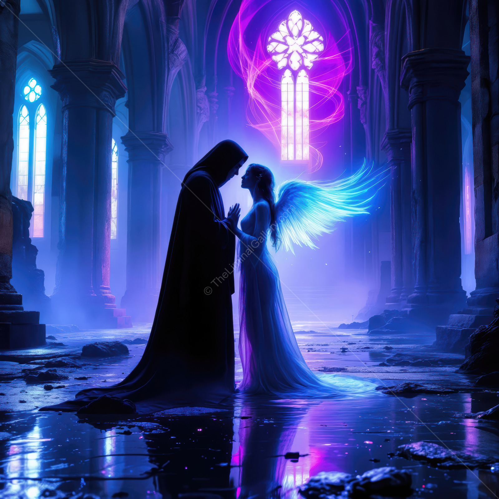 Enchanted embrace between celestial figures in a mystical cathedral at twilight