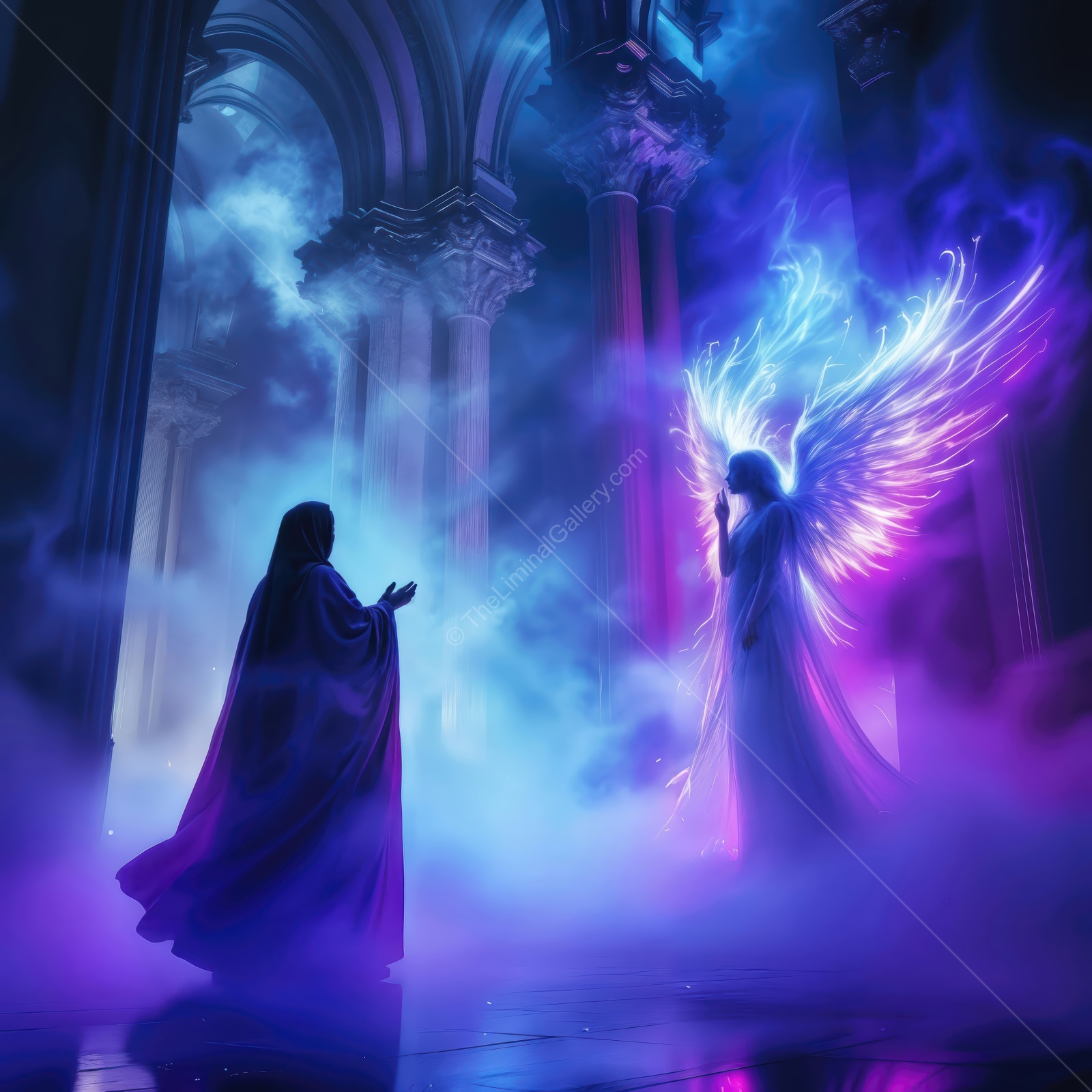 Ethereal encounter in a mystical realm with a celestial being and an awed figure