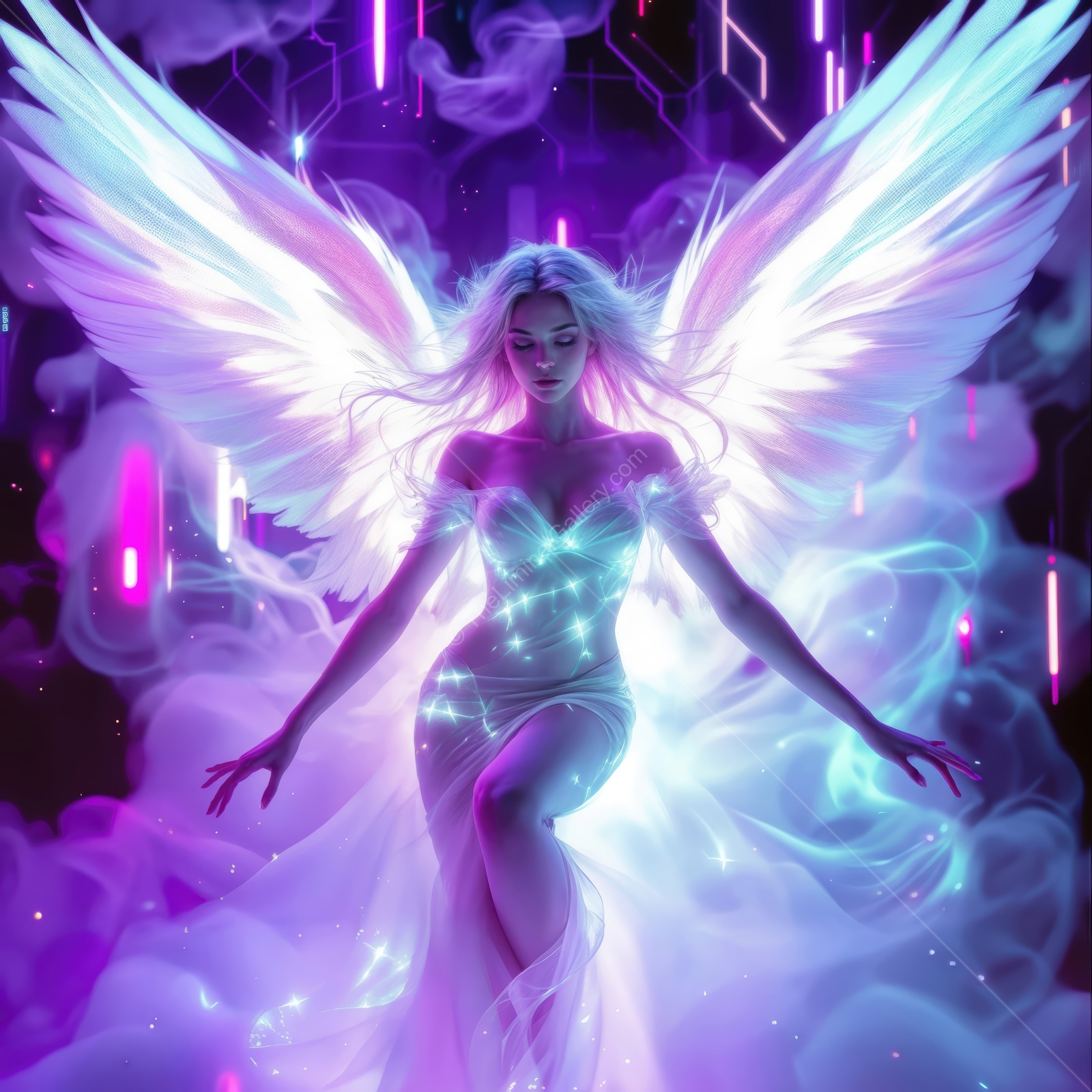 Light and grace illuminate a celestial being in a futuristic realm filled with vibrant colors and soft mist
