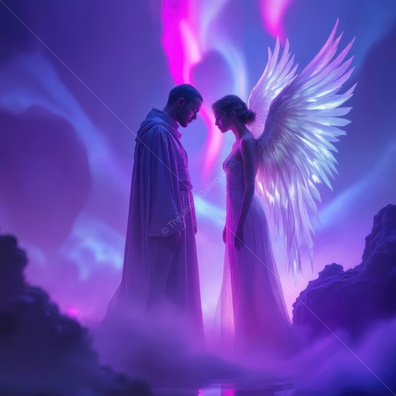 Imaginary meeting of celestial beings in a mystical landscape with a dreamy aura at twilight