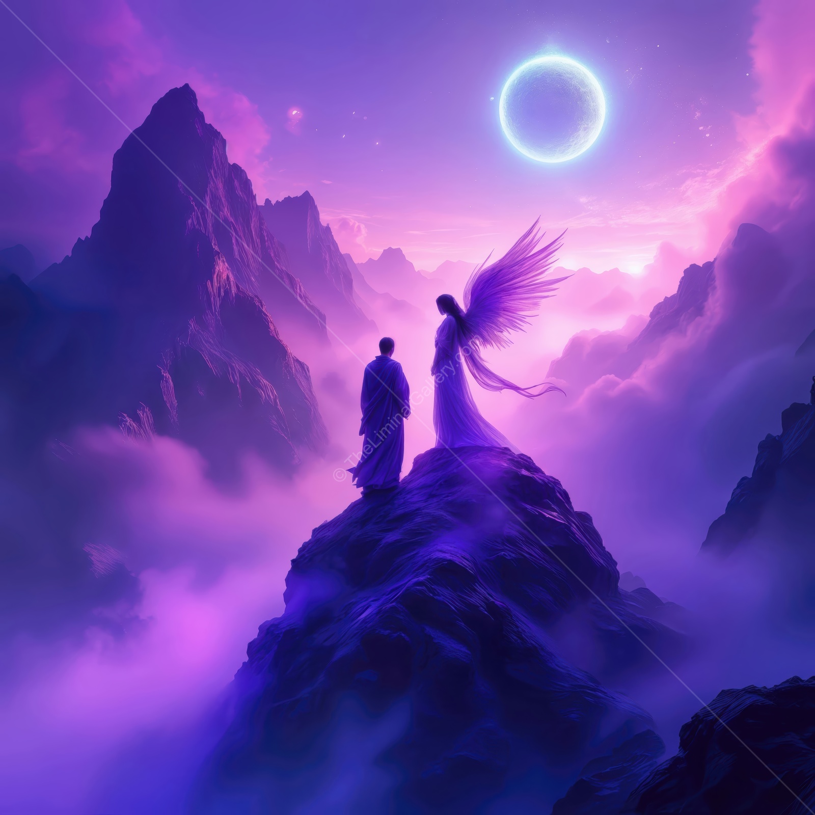 Serenity in twilight as a celestial being meets a wandering soul on a misty mountain peak